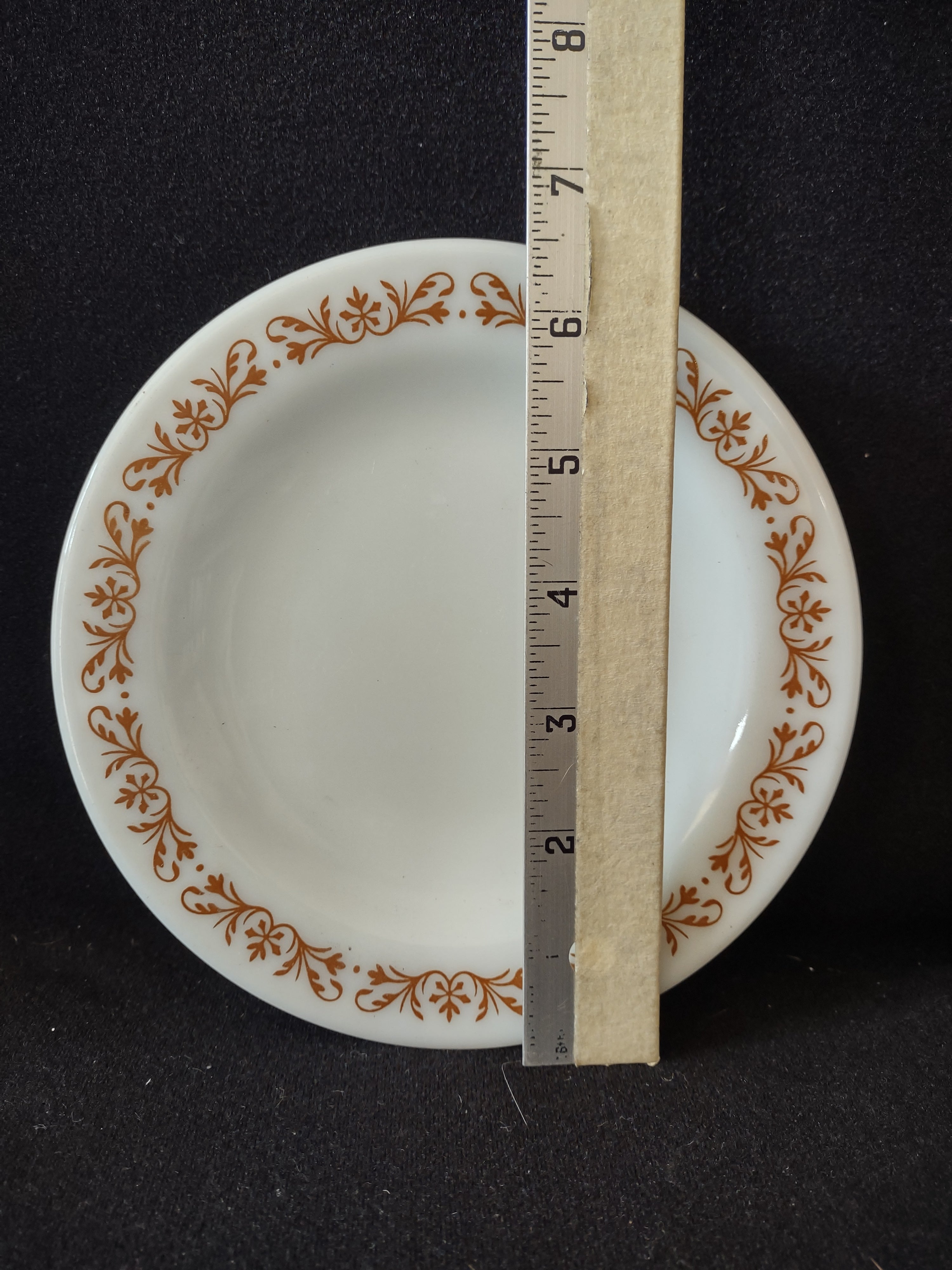 Vintage Pyrex Milk Glass USA Copper Filigree 6-1/2" Dessert Plate (lot 5209)