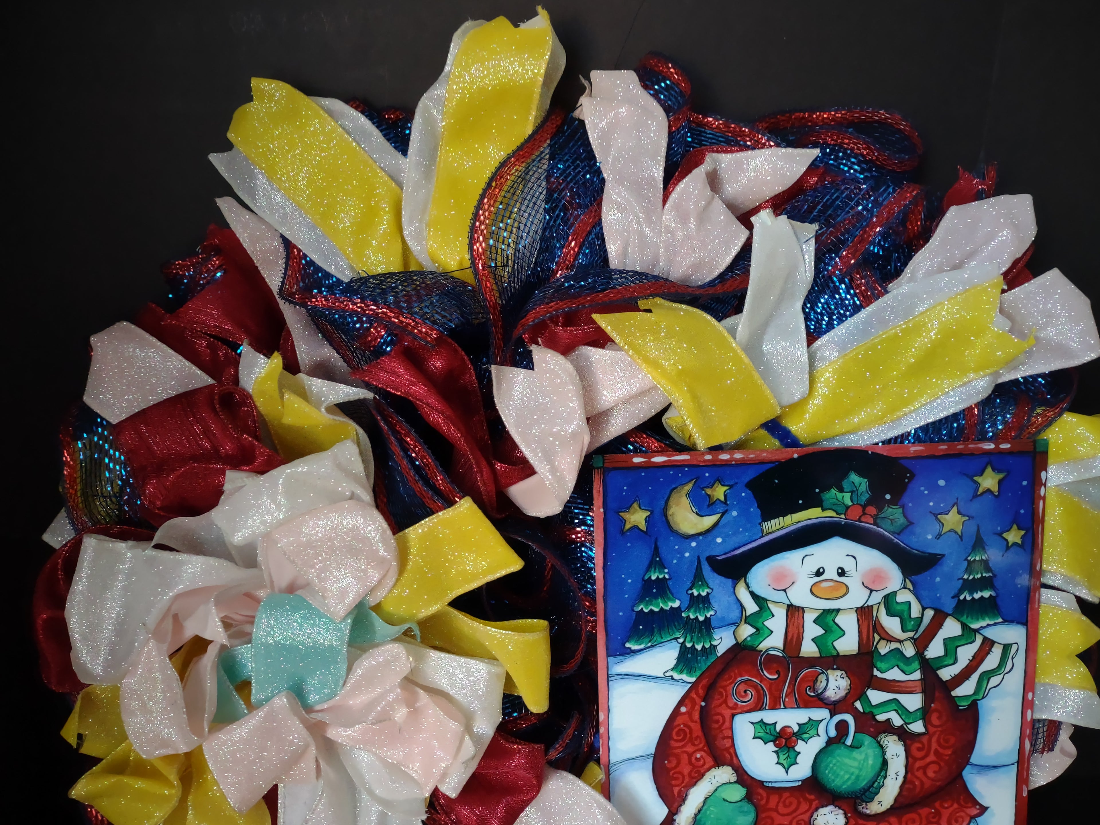 Handmade Christmas Wreath Red Blue White Sparkly Ribbon Snowman 20" (lot 1292)