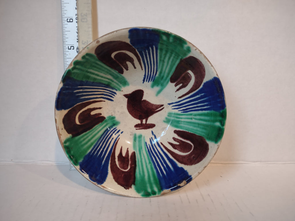Vintage Stoneware Mexico Small Bowl Green Cobalt Blue Green Bird (lot 5341)