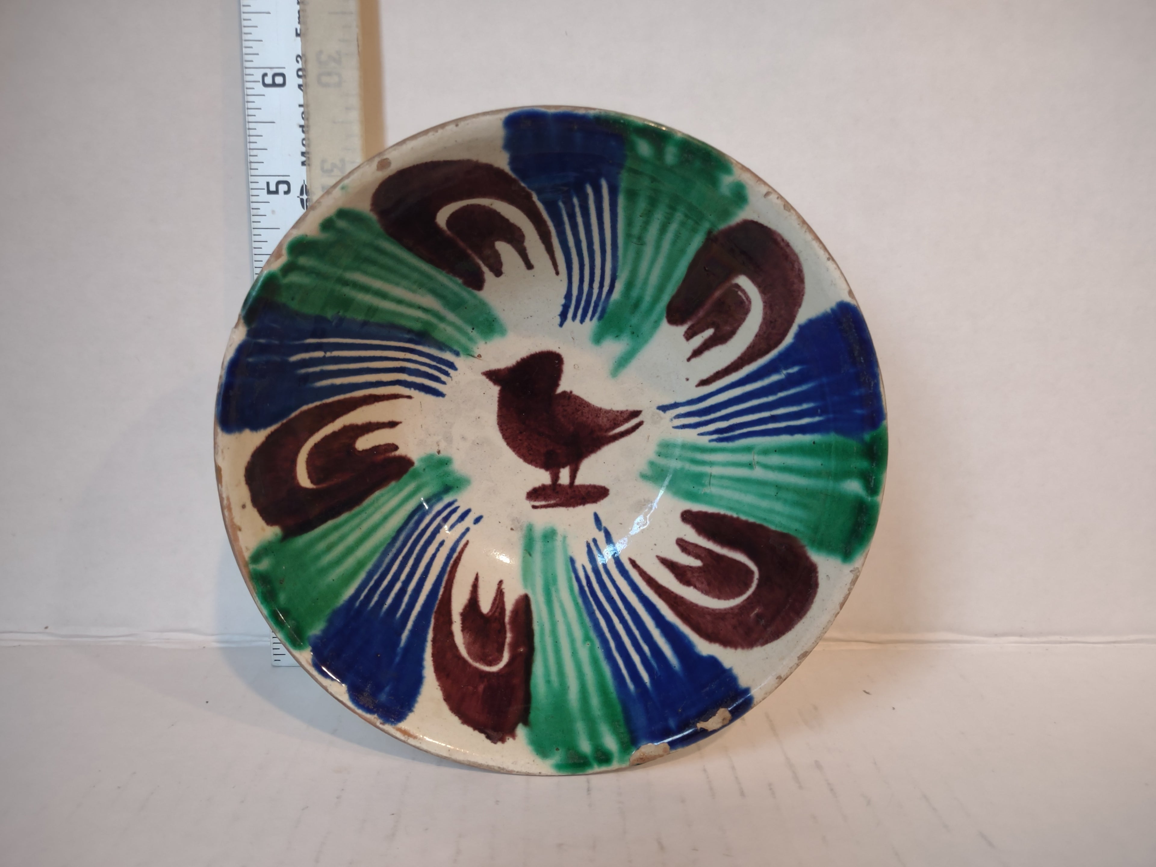 Vintage Stoneware Mexico Small Bowl Green Cobalt Blue Green Bird (lot 5341)