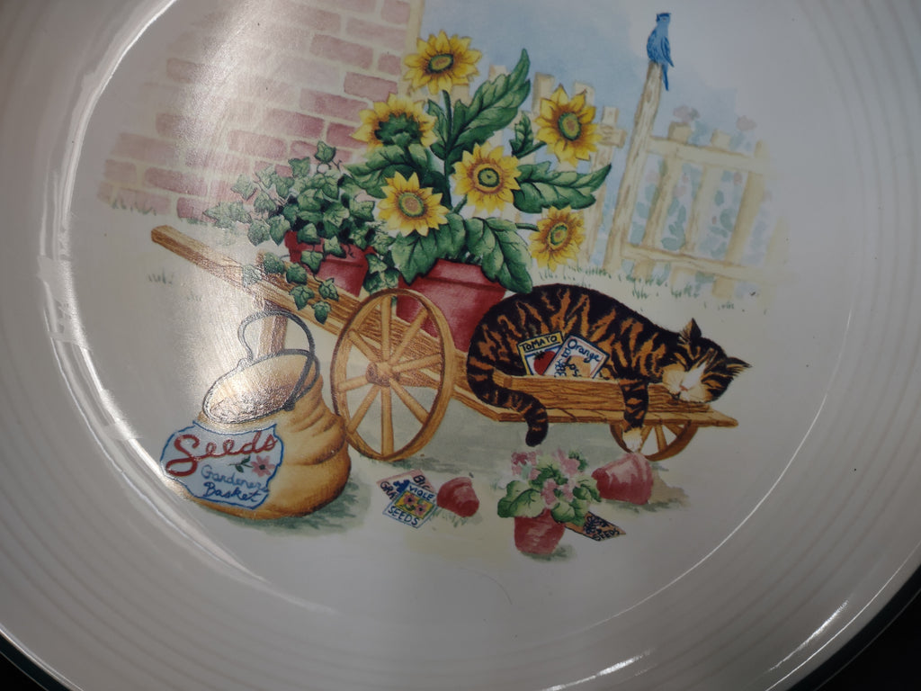 Cat Nap Country Green Band Dinner Plate x 4 Stoneware Thailand 11" (lot 2856c)