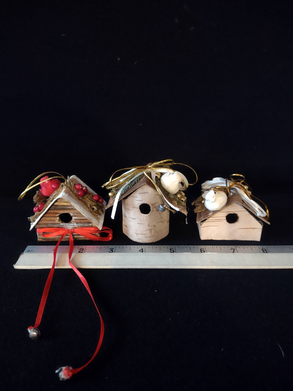 Christmas Winter Bird House Ornament Wood Bark Ribbon Birds Set Of 3 (Lot 4597)