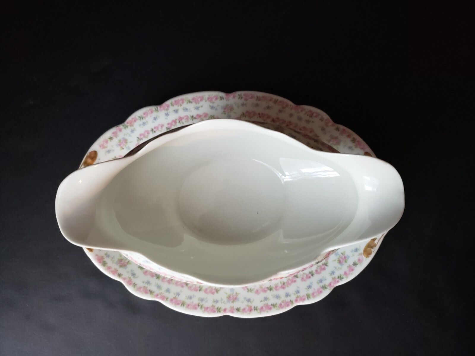 JP France Gravy Boat Gold Trim Double Rose Garland Blue Pink Flower (lot 646)