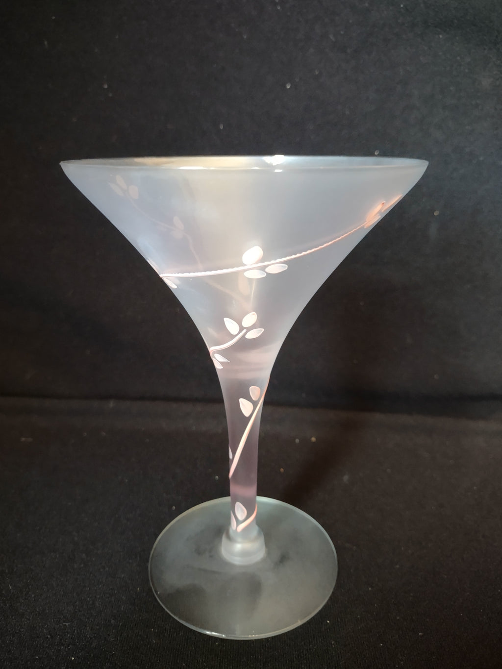 Vintage MCM Frosted Martini Glass Pink Leaves Handpainted (lot 2739)