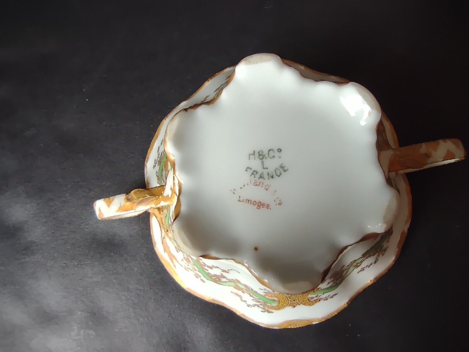 Haviland Limoges Green Heavy Gold Trim Bouillon Cup & Saucer IMPERFECT (lot 706)