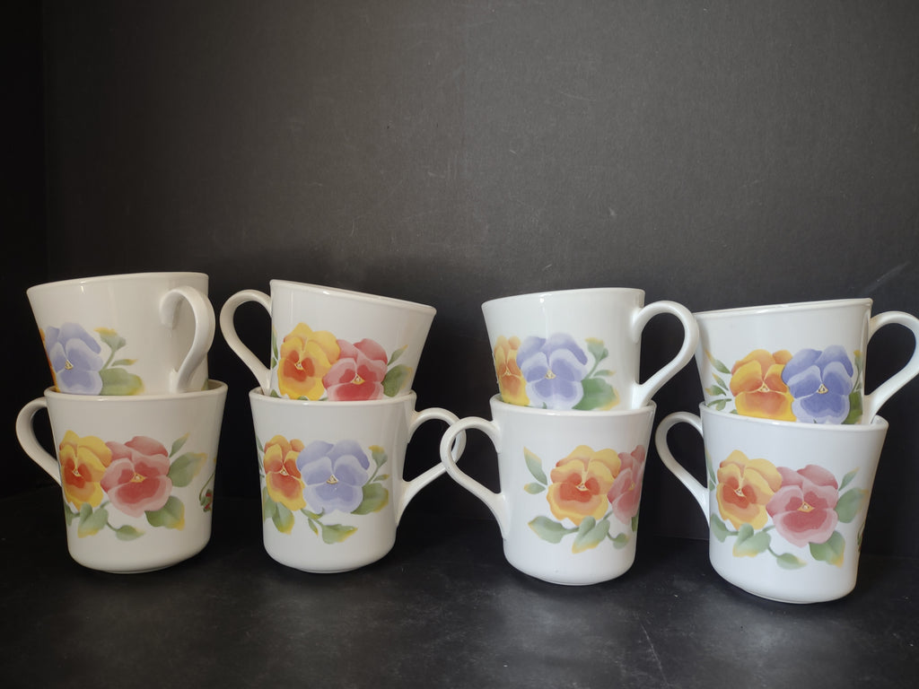 Corning Summer Blush Pansy Flower Tea Coffee Mug Cup Set of 8 (lot 2956c)