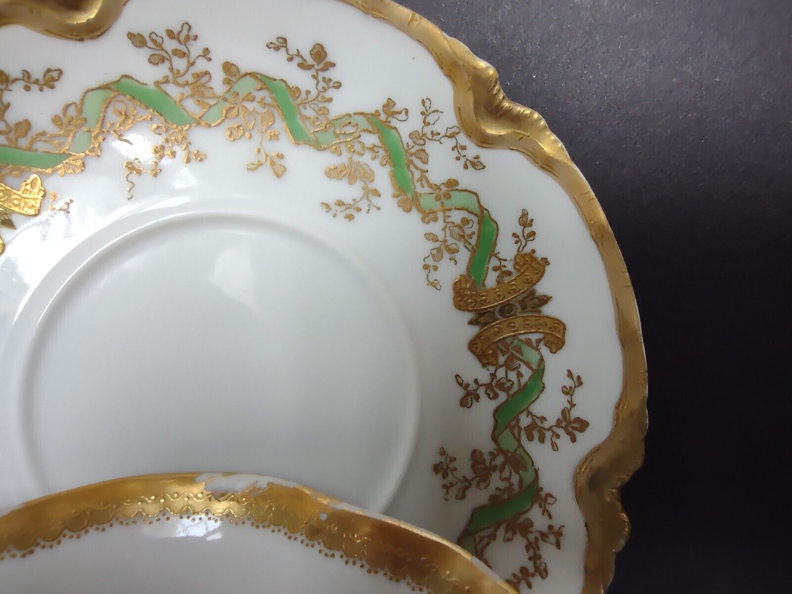 Haviland Limoges Green Heavy Gold Trim Bouillon Cup & Saucer IMPERFECT (lot 706)