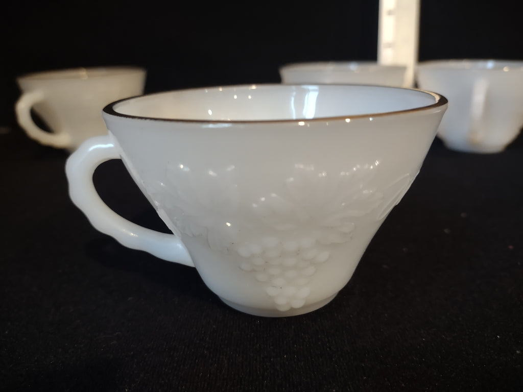 Anchor Hocking Milk Glass set of 7 Cups for Punch Bowl Gold Trim (lot 2566c)