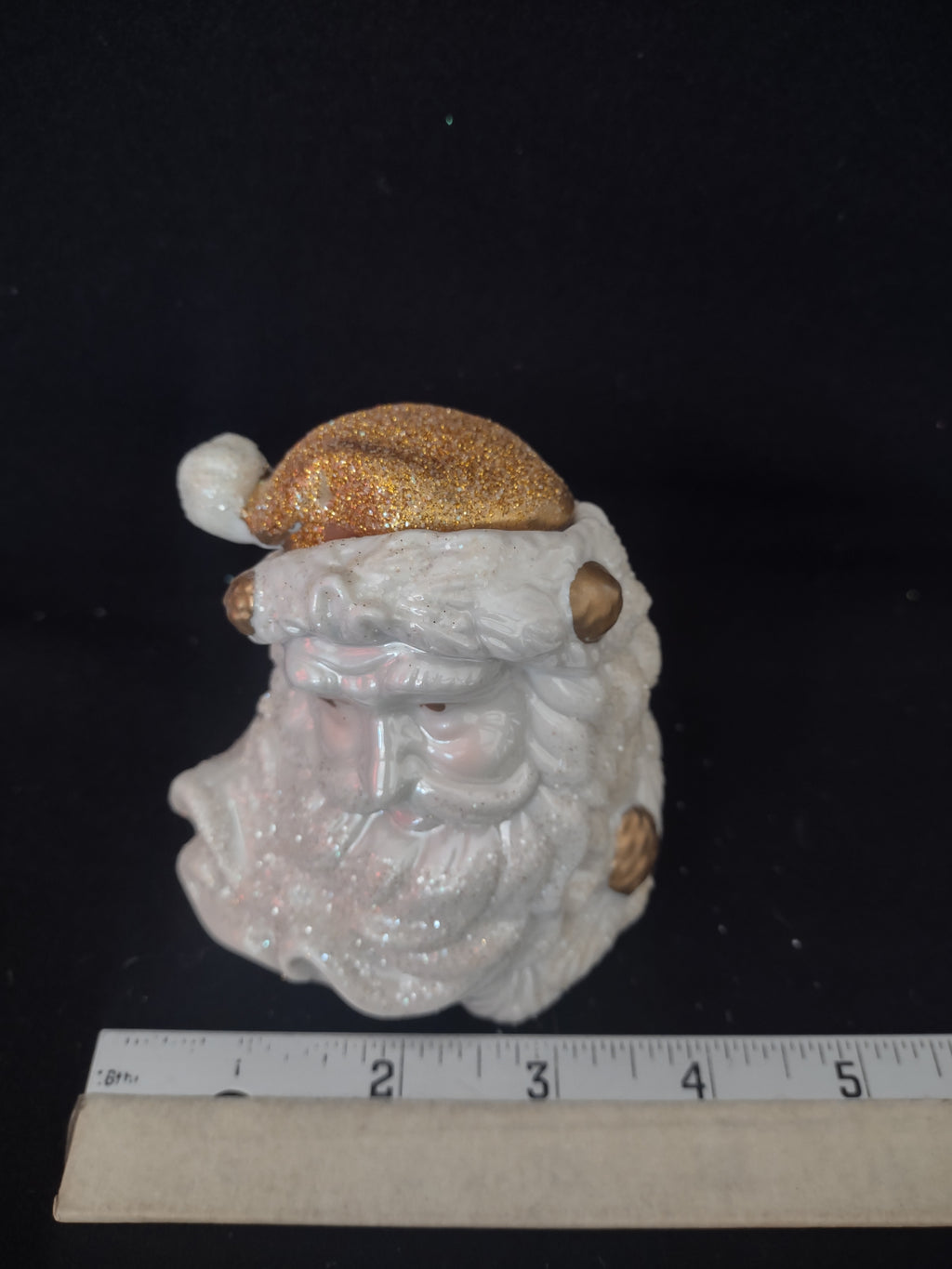 Vintage Ceramic Christmas White Gold Sparkle 3" Santa Cracker Barrel (Lot 4553)