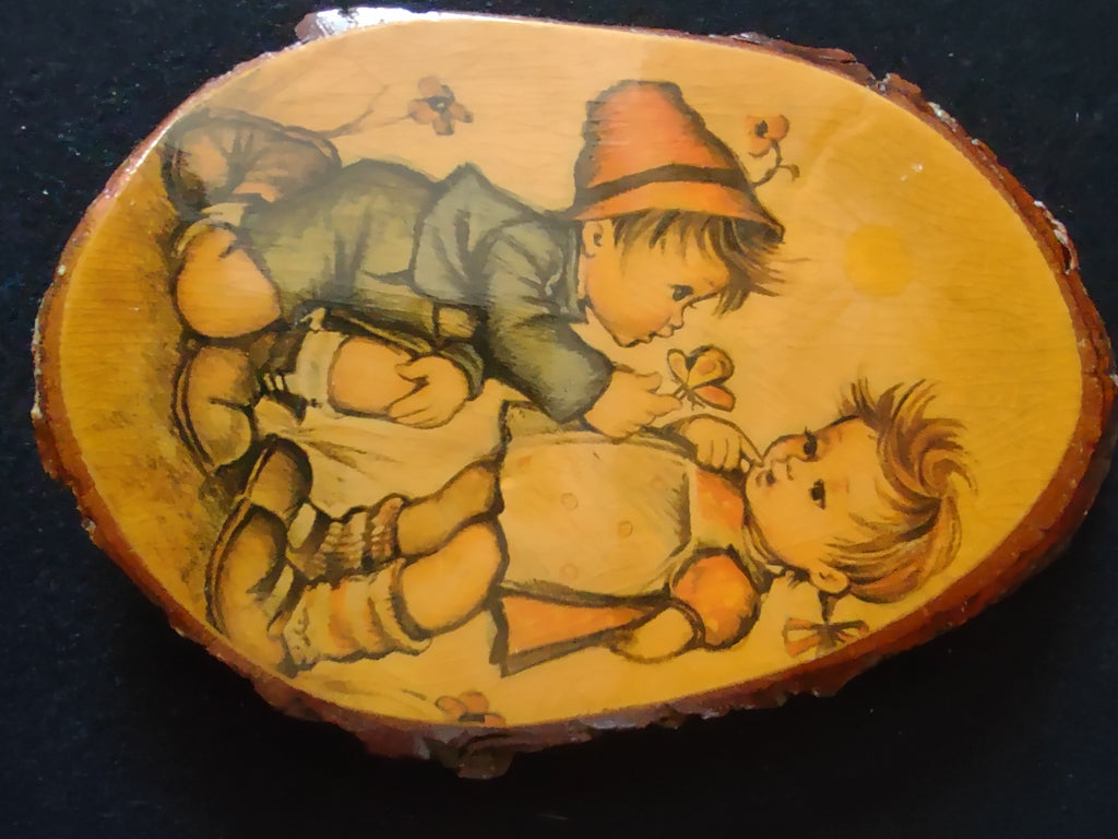 Vintage Hummel Style Natural Bark Edge Wooden Wall Plaque Evans Boy Girl(Lot4811