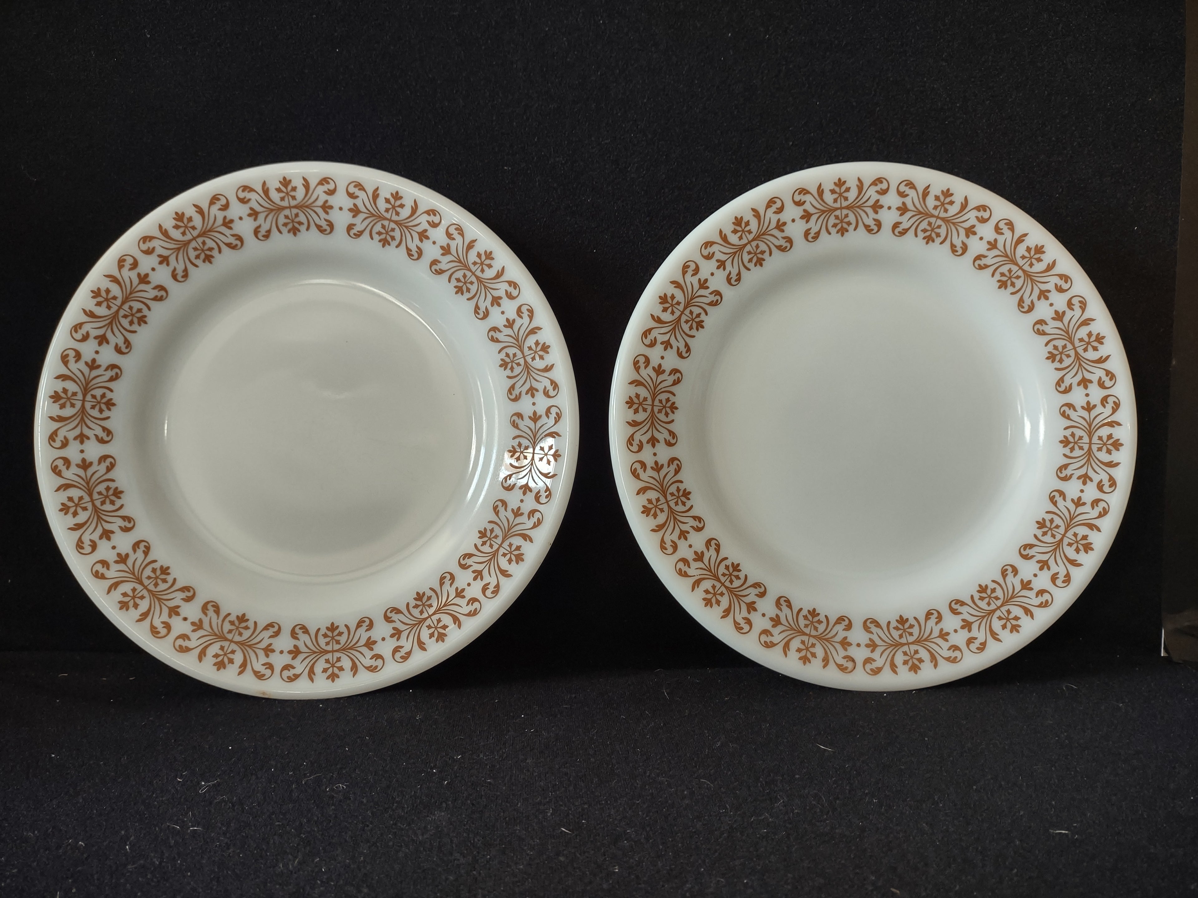 Vintage Milk Glass USA Pyrex Copper Filigree 9" Lunch Plate x 2 (lot 5207)