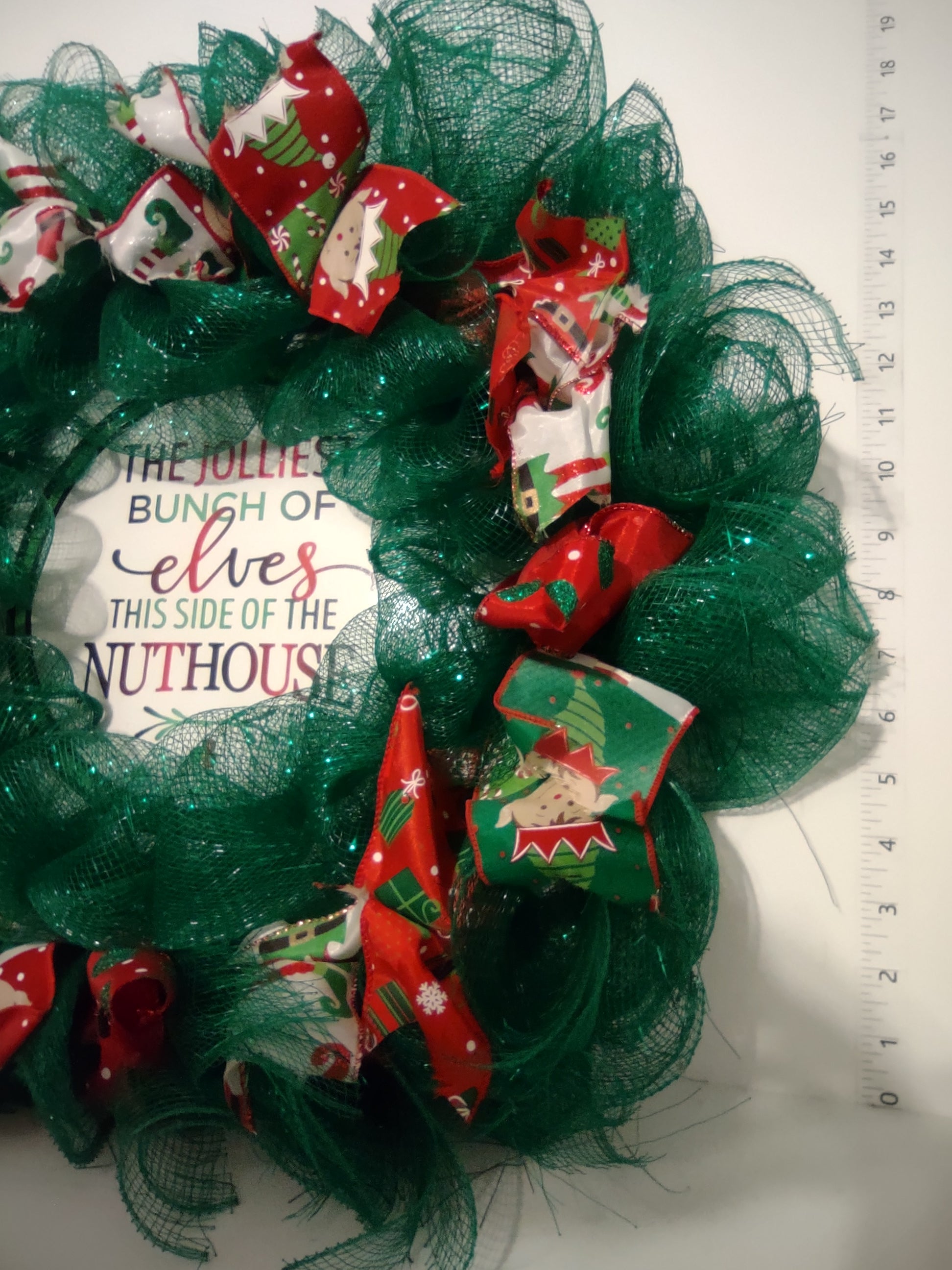 Handmade Christmas Wreath Green Red Ribbon Elf Elves Nuthouse 20" (lot 1293)