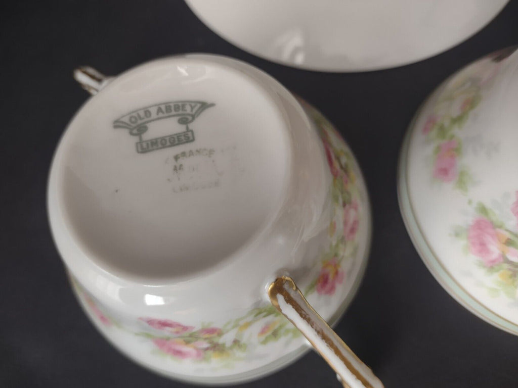 Old Abbey Limoges France 2 x Bouillion Cup Mint band Gold Trim Rose (lot 547)