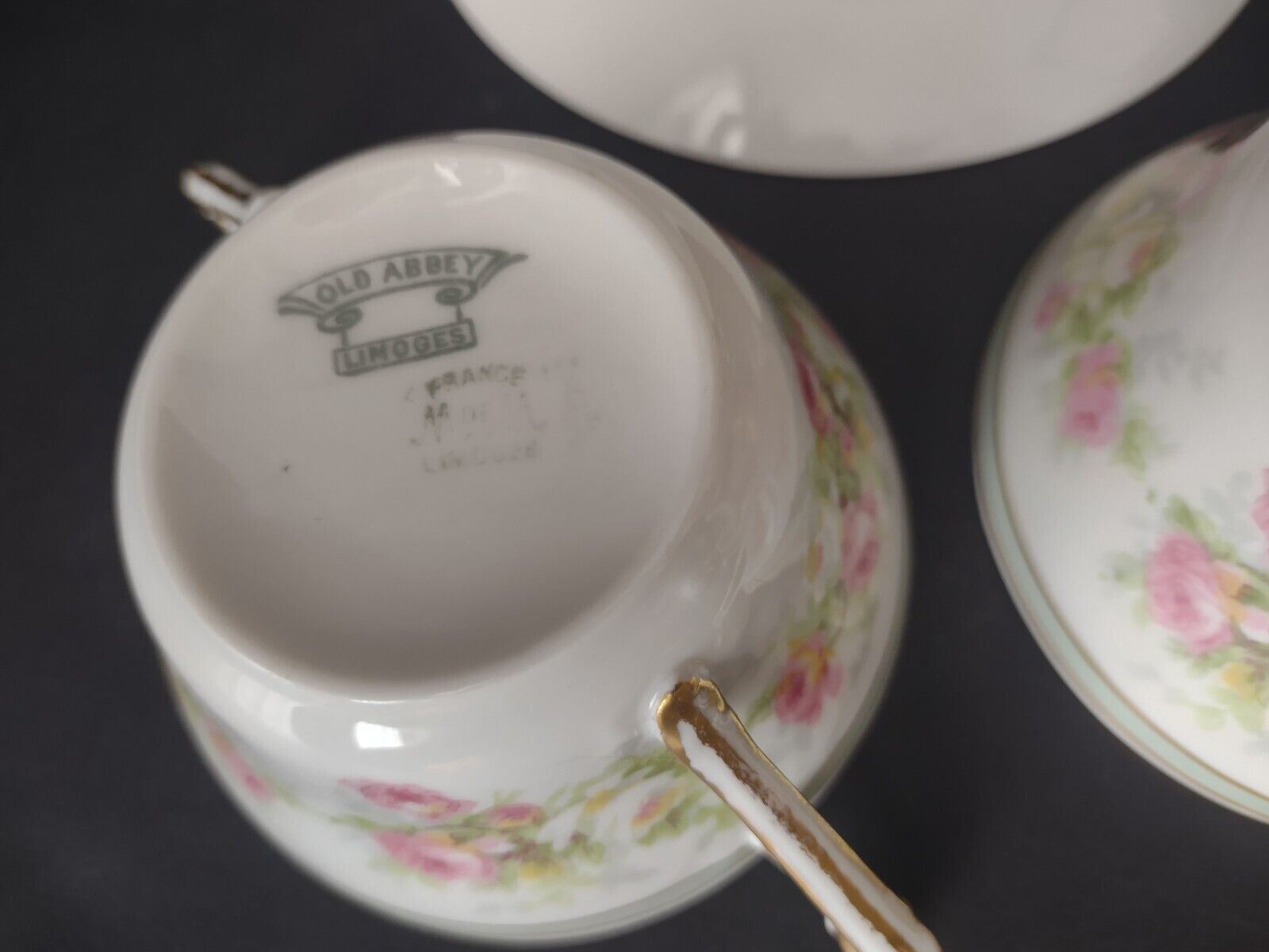 Old Abbey Limoges France 2 x Bouillion Cup Mint band Gold Trim Rose (lot 547)
