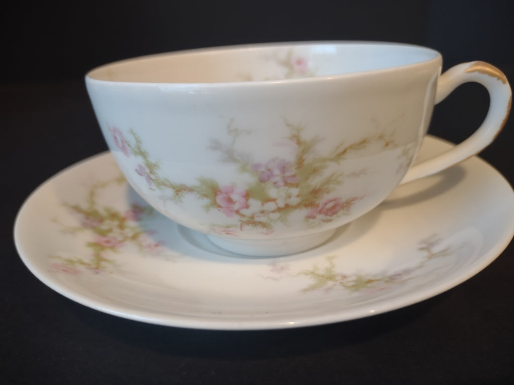 Haviland Limoges Tea Cup & Saucer Rose White Purple Flower Moss (lot 901)