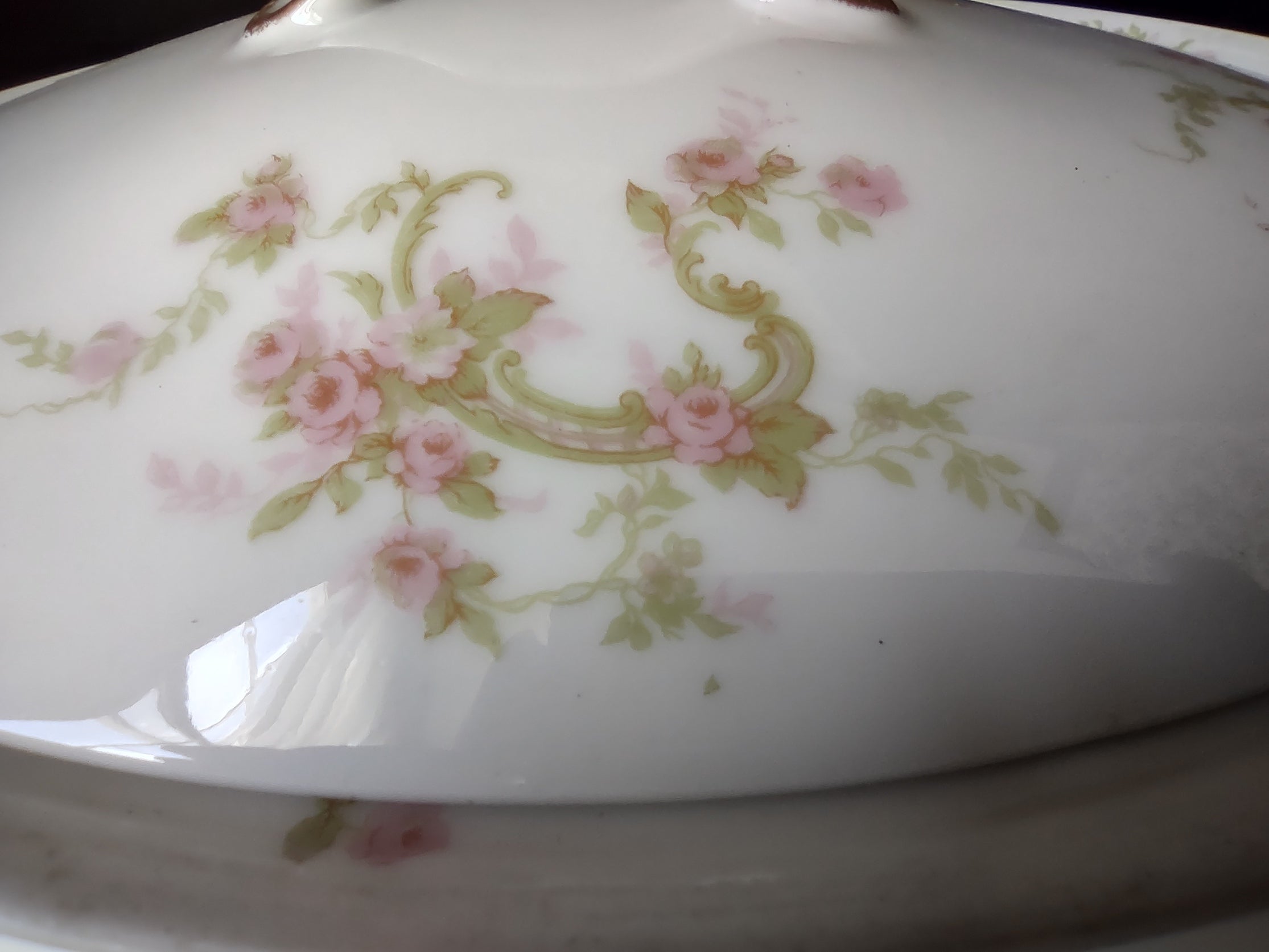 Haviland Limoges Oval Vegetable Tureen Pink Rose Green Ribbon (lot 887)