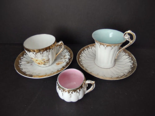 3 x Vintage Demitasse Cup Pink Blue Gold Scroll Trim (lot 518)