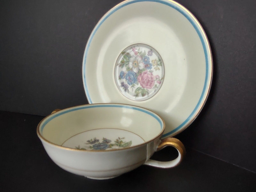 Ahrenfeldt Limoges France Bouillon Cup & Saucer Gold Blue Trim Rose (lot 737)