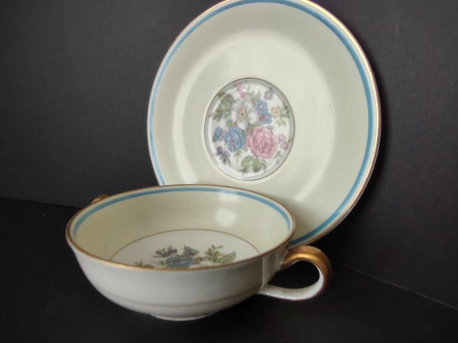 Ahrenfeldt Limoges France Bouillon Cup & Saucer Gold Blue Trim Rose (lot 737)