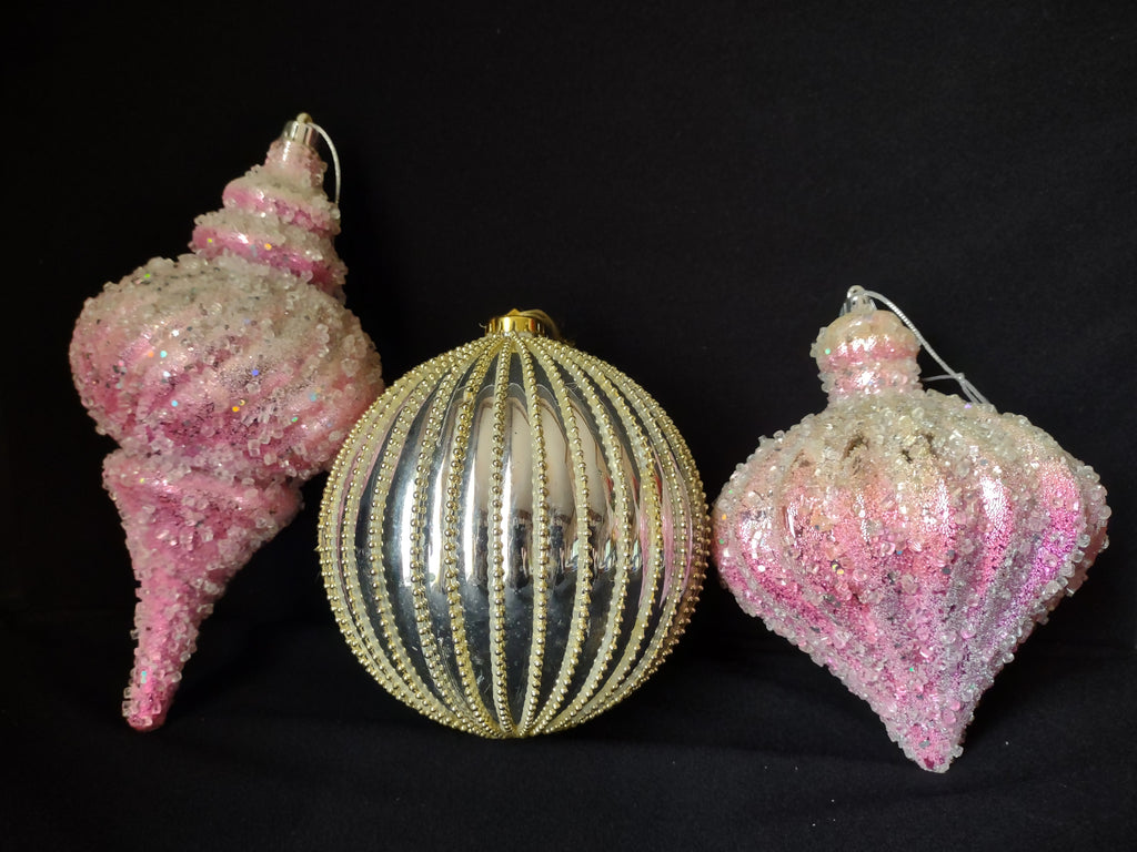 Lot of 3 Christmas Ornaments Pink Gold Sparkly 10" IMPERFECT (lot 1571)