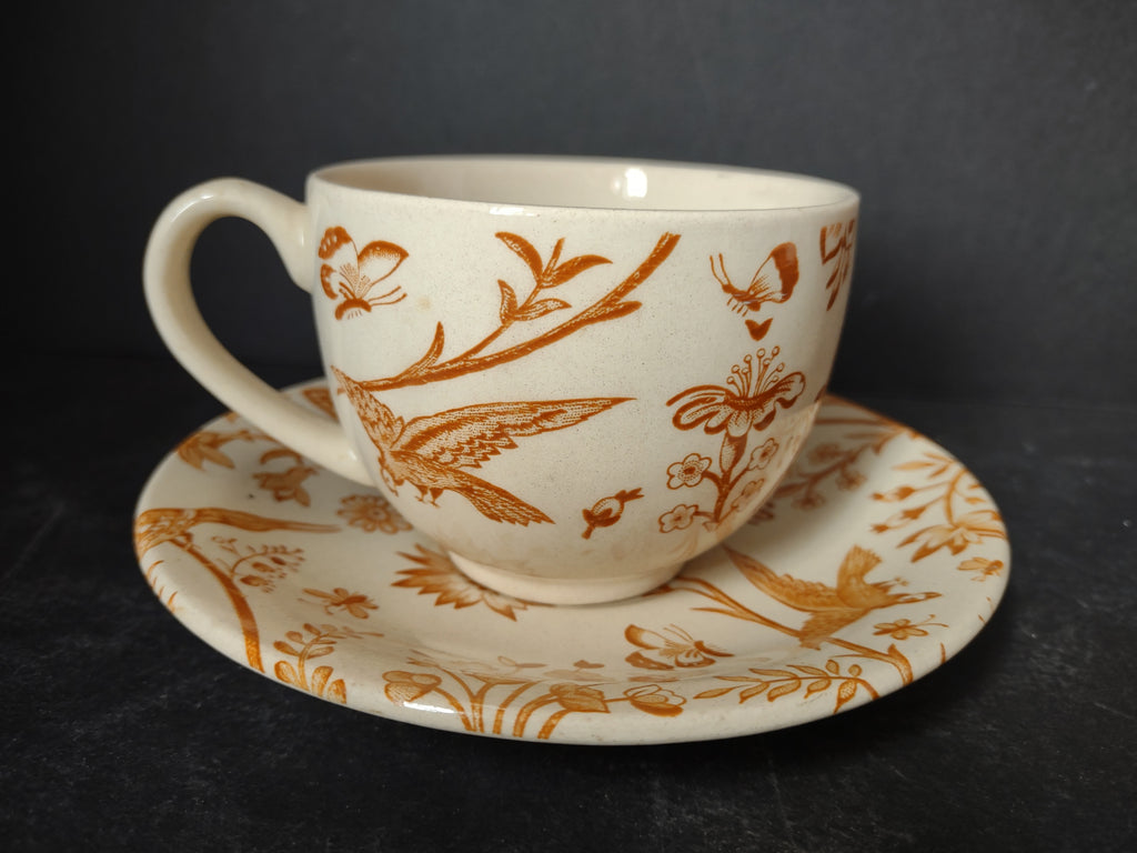 Vintage Ironstone Oriental Garden Johnson Bros Teacup Saucer Birds (lot 5545)