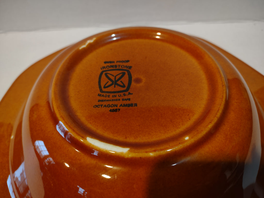 Vintage MCM Ironstone Amber Octagon Serving Bowl 10" USA Oven Proof (lot 5004)