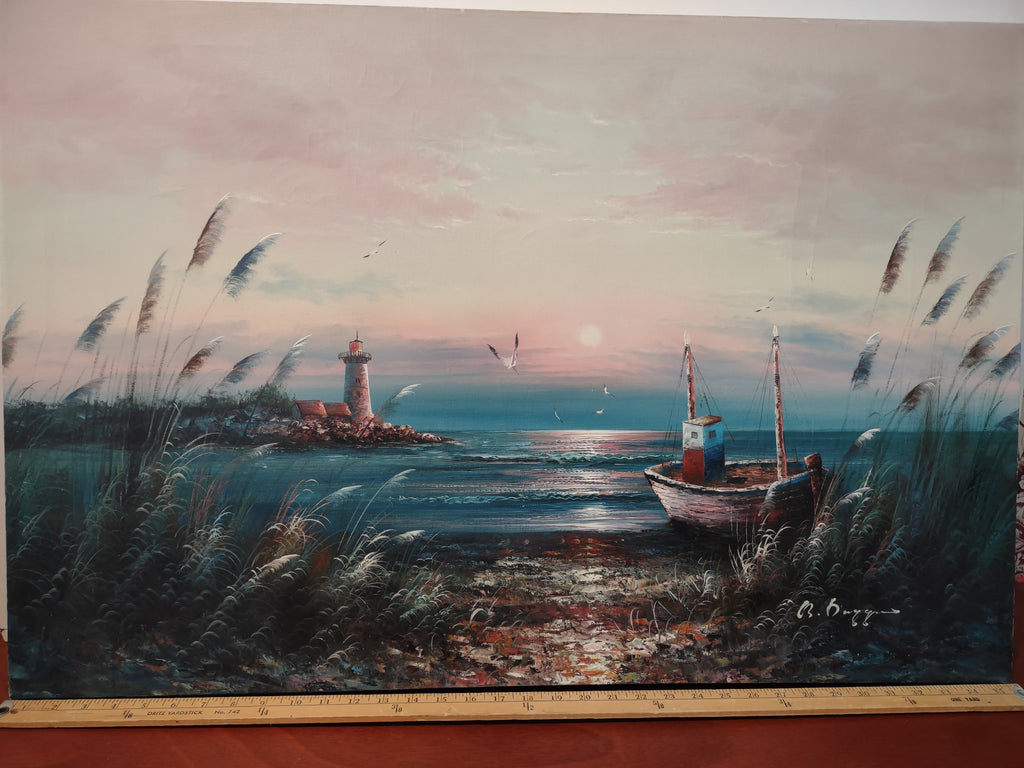 B. Duggan Signed Canvas Oil Painting Seascape Lighthouse 24 x 36 (lot 2633c)