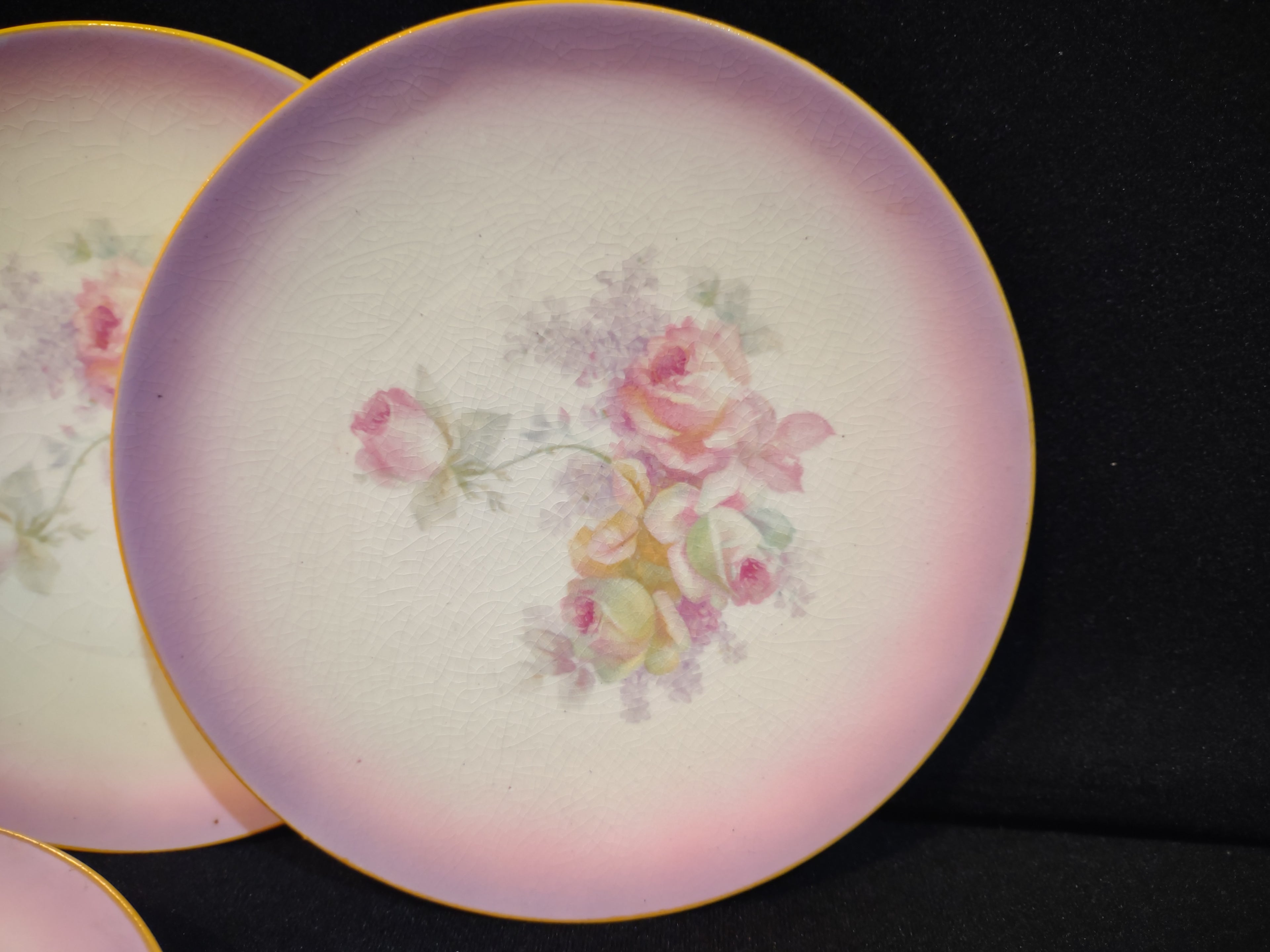 Vintage Farmhouse Cottage Pink Roses Dessert Plate CRAZING x 6 (lot 5392)