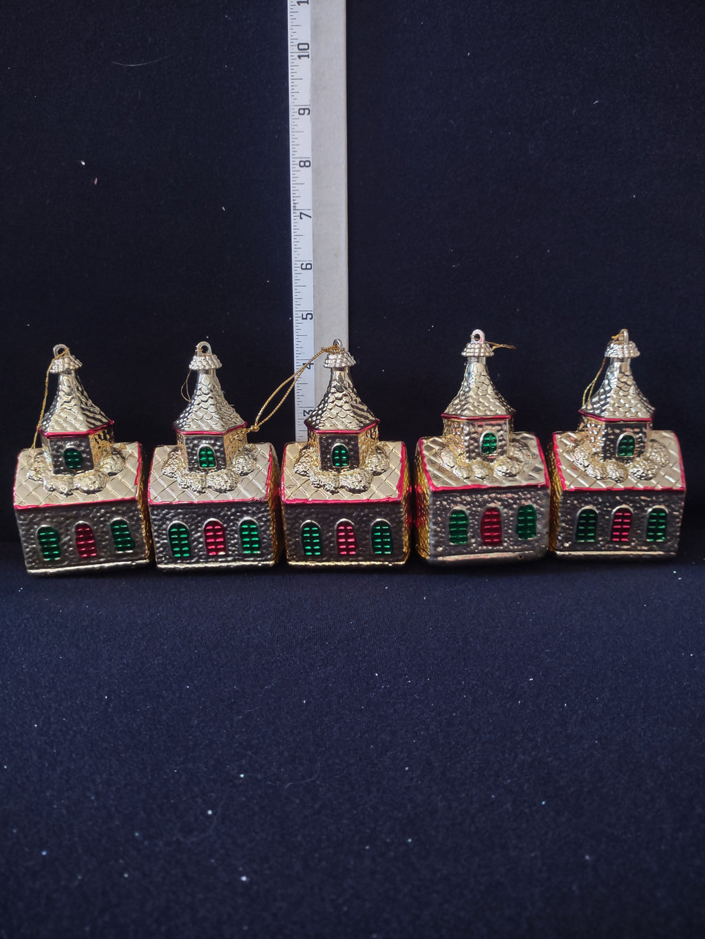 Vintage Christmas Ornament Golden Church Plastic x 5 (Lot 4399)