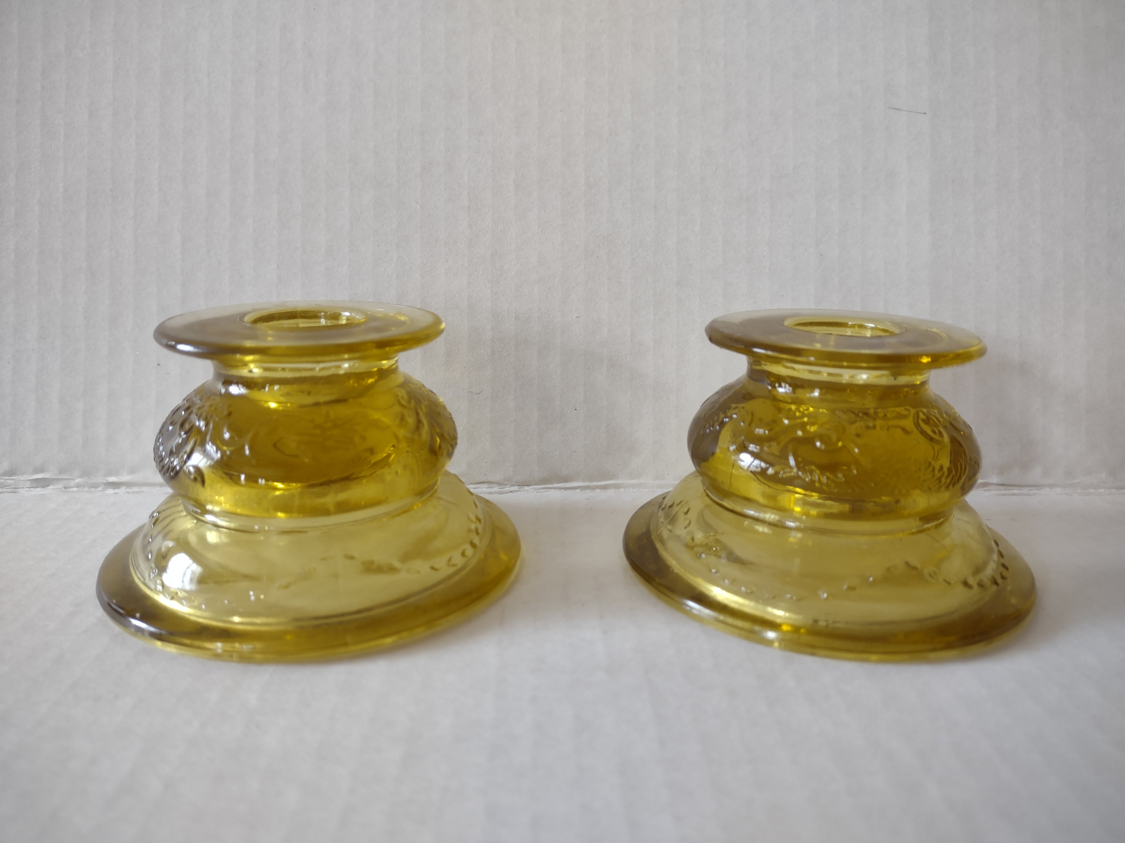 Vintage Federal Depression Glass Madrid Candlestick Holder x 2 Amber (Lot 5309)