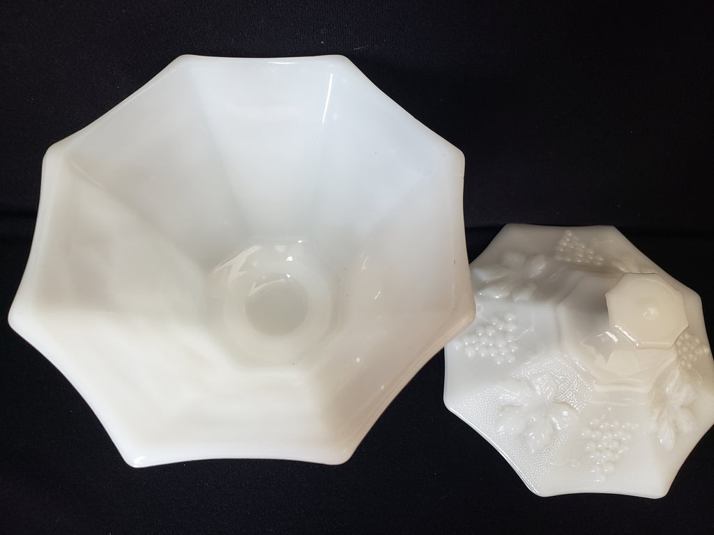 Vintage Milk Glass Candy Container Grape Design with Lid (lot 2219)