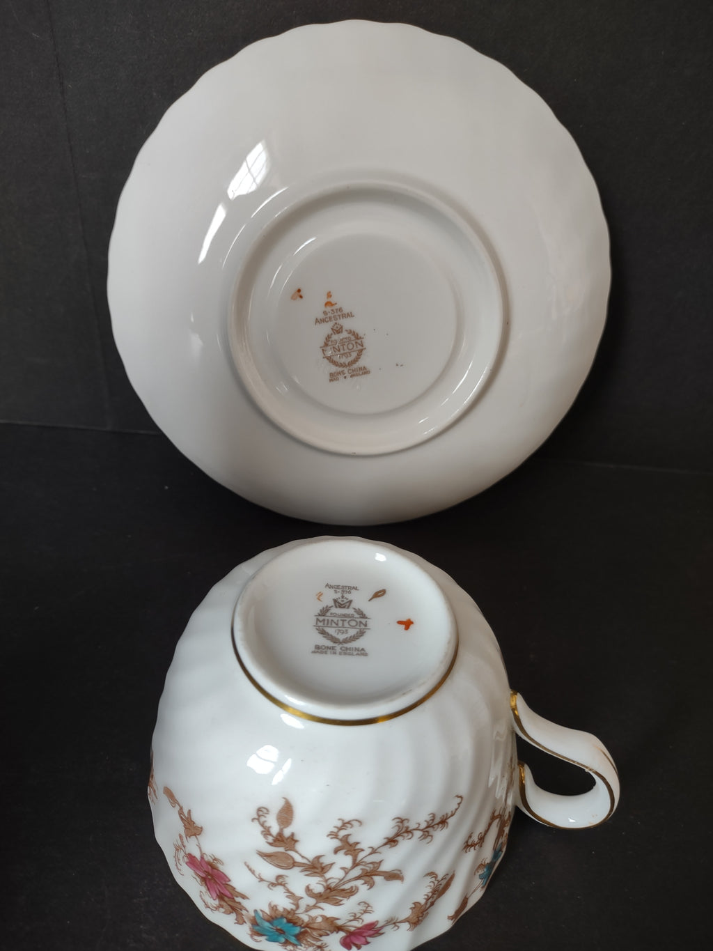 Vintage Minton England Bone China Ancestor Tea Cup and Saucer (lot 5452)
