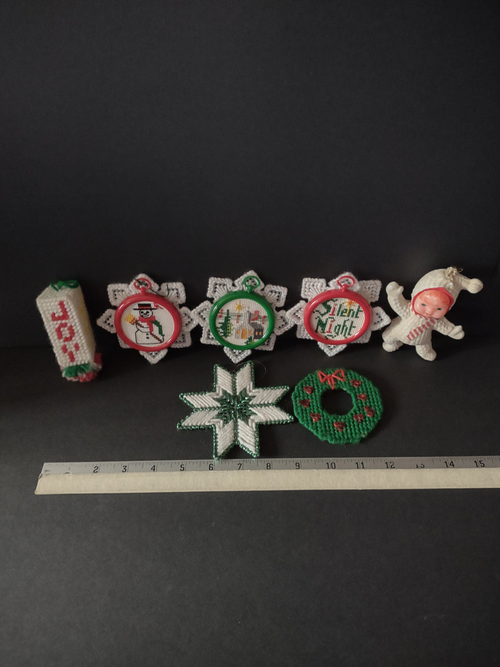 Christmas 3 Plastic Canvas 3 Cross Stitch Ornaments Handmade (Lot 4757)