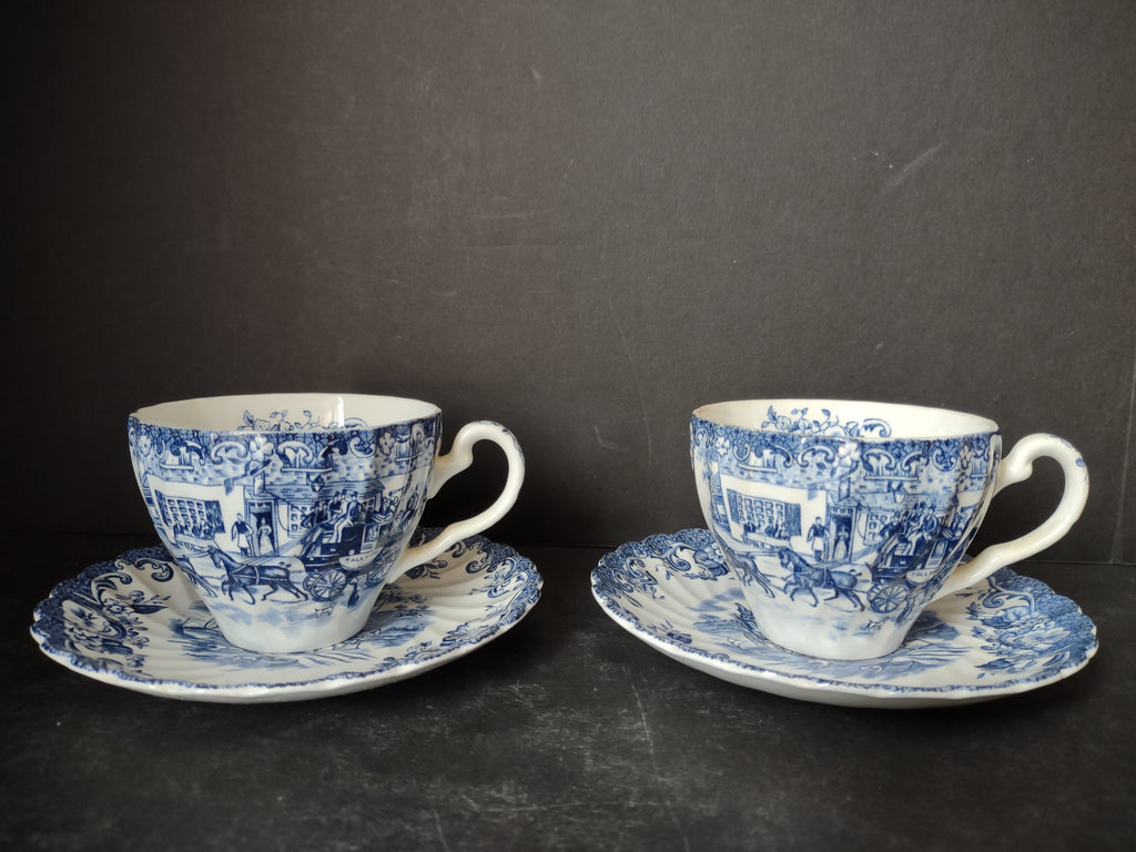 Vintage Ironstone Coaching Scenes Johnson Bros Teacup Saucer x 2 (lot 5560)