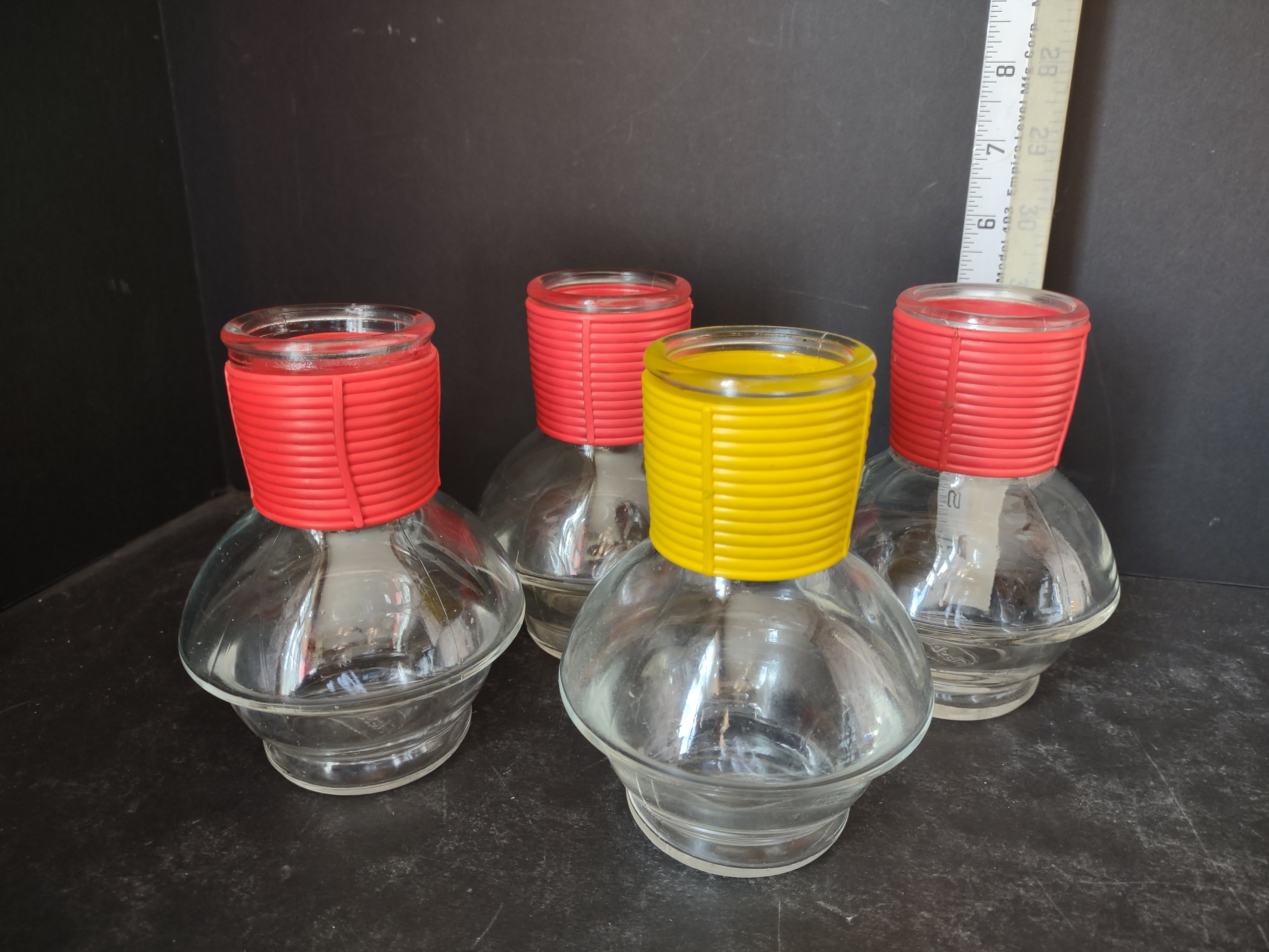 Vintage Hottle Carafe Clear Glass x 4 NO Lid Glasbake Red Yellow (lot 5314)