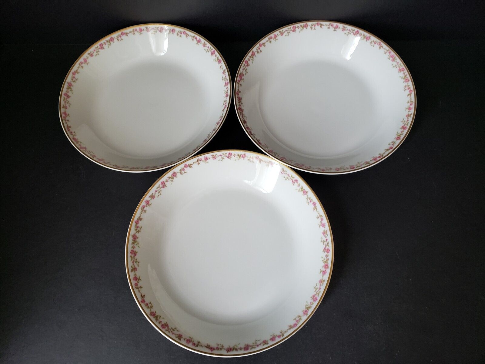 Haviland Limoges France 3 x Coupe Soup Plate Gold Trim Pink Rose Garland lot 568