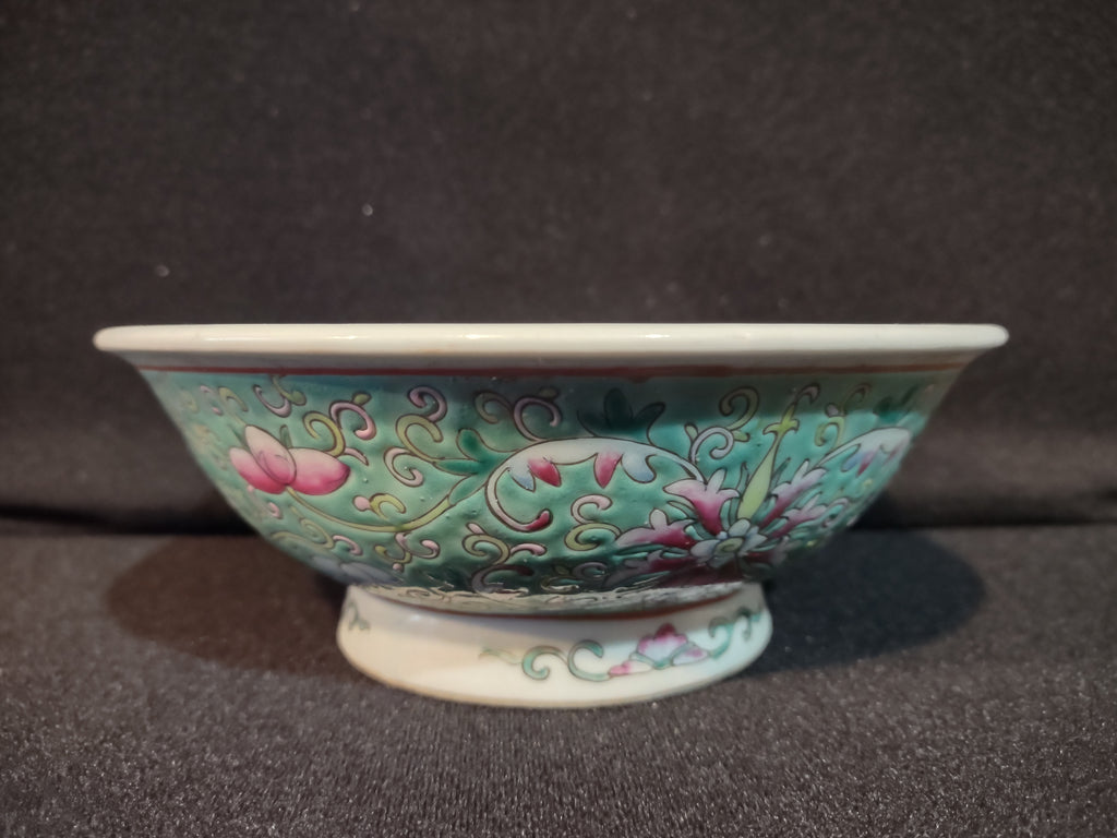 Vintage Ceramic Enameled Footed Bowl China Turquoise IMPERFECT (lot 5393)