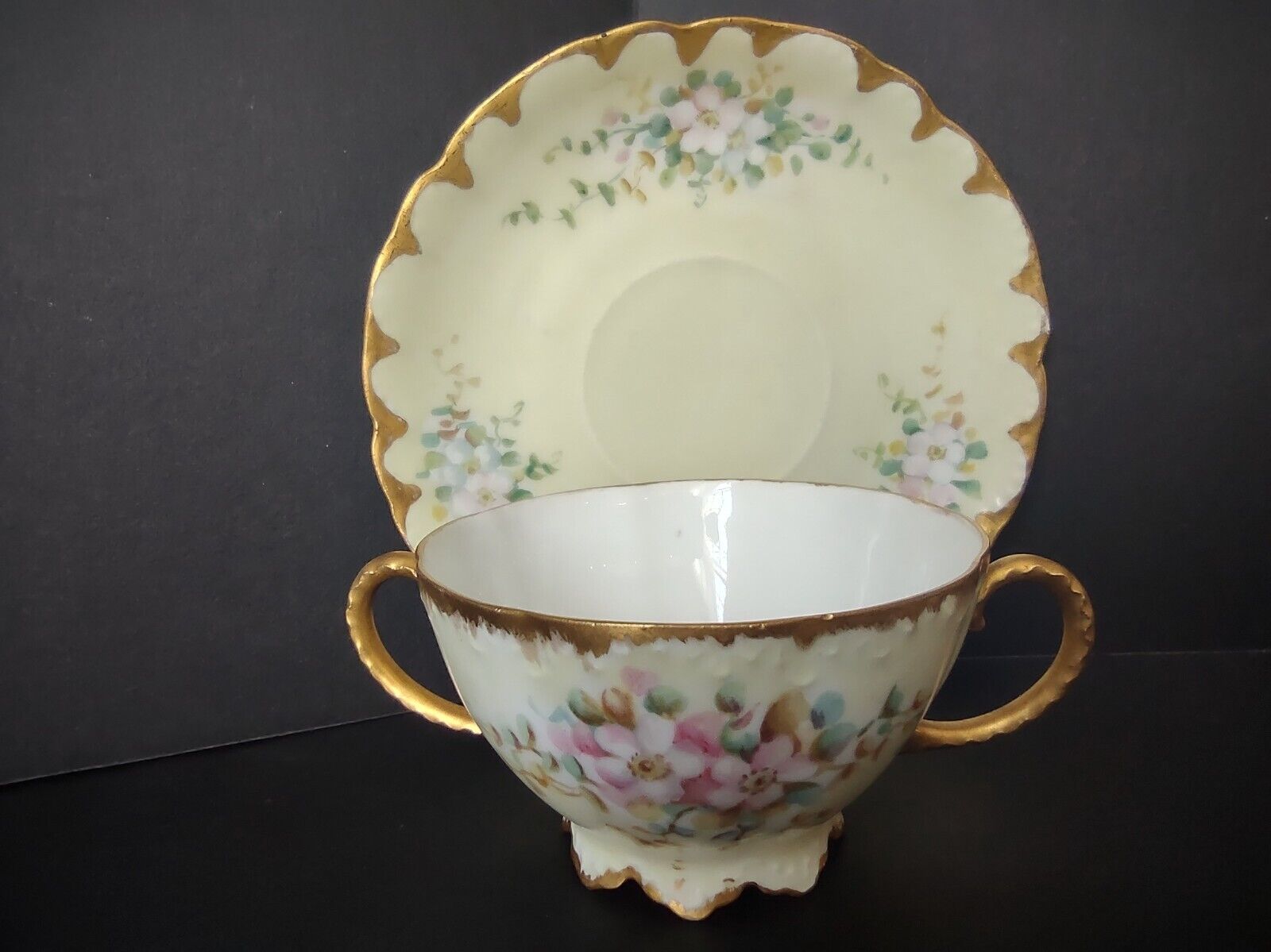 Vintage Malmaison Bavaria Gold Trim Teacup Bouillon Cup Yellow Floral (lot 756)