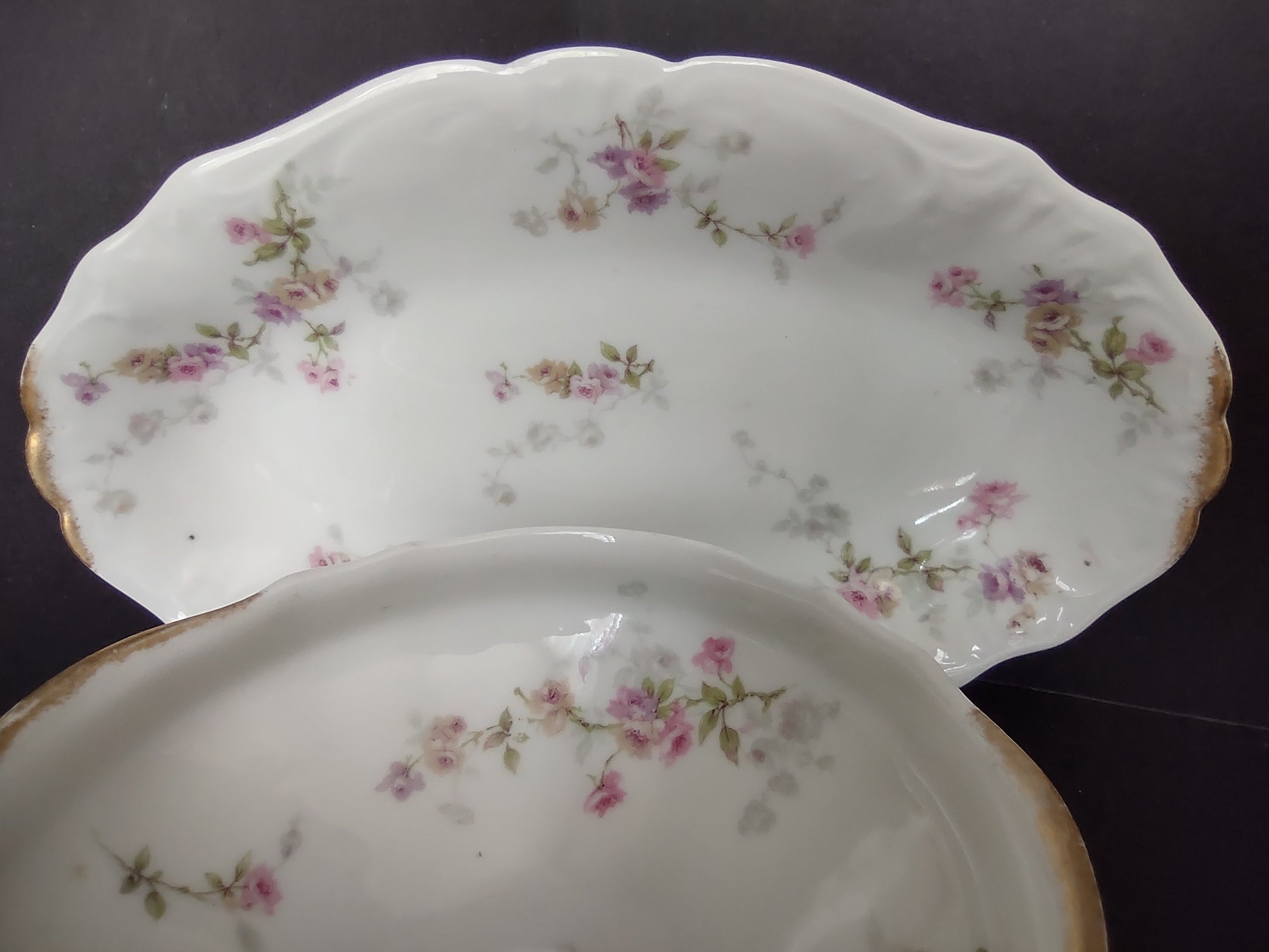 Haviland Limoges Set 2 Serving Bowl PlatterPink Purple Yellow Rose (lot 840)