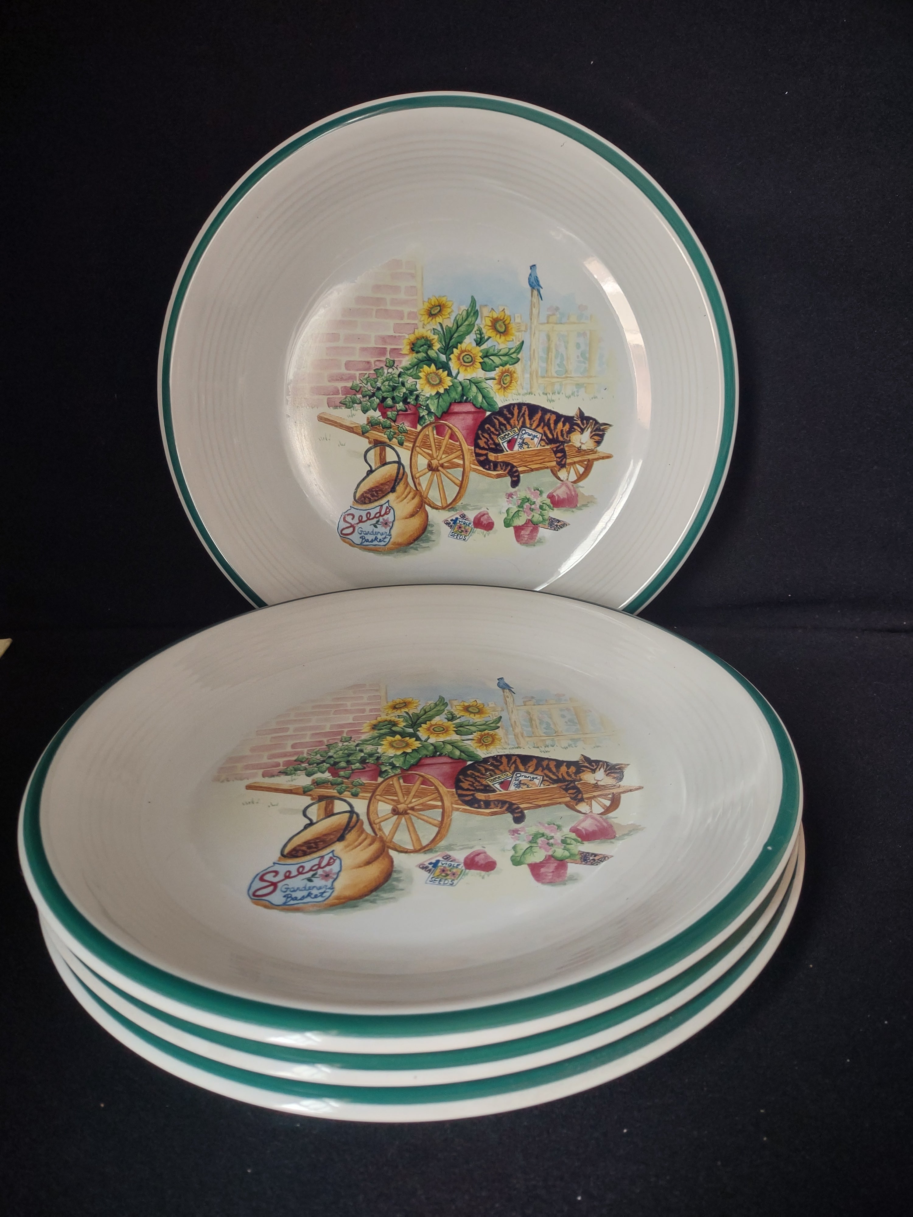 Cat Nap Country Green Band Dinner Plate x 4 Stoneware Thailand 11" (lot 2856c)