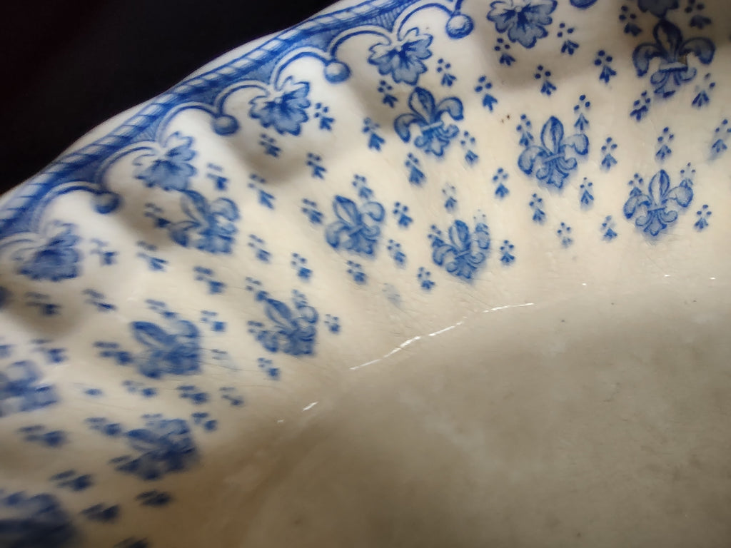 Vintage Spode Oval Serving Bowl Earthenware Blue Fleur-De-Lis IMPERECT (Lot 5757