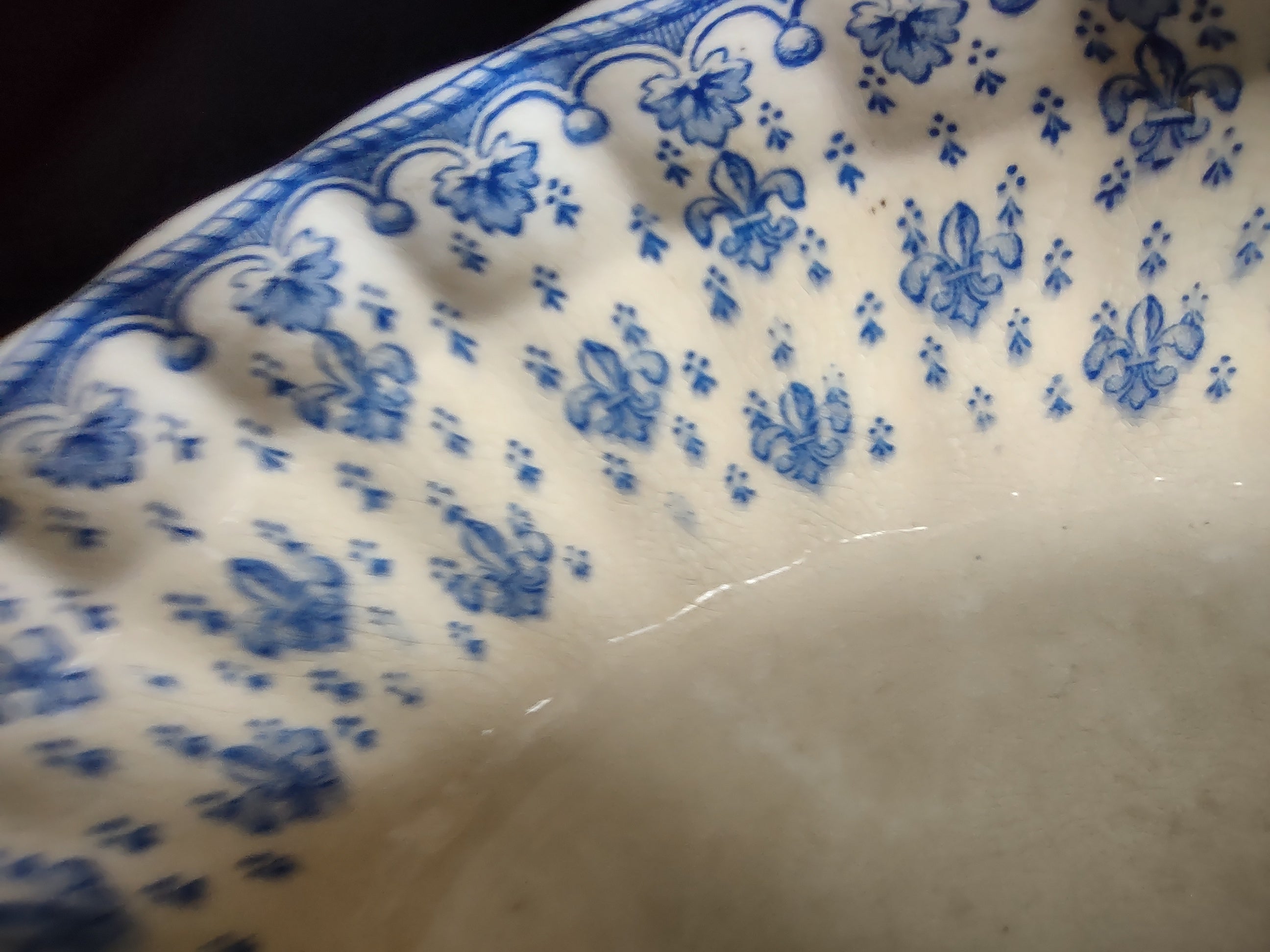 Vintage Spode Oval Serving Bowl Earthenware Blue Fleur-De-Lis IMPERECT (Lot 5757