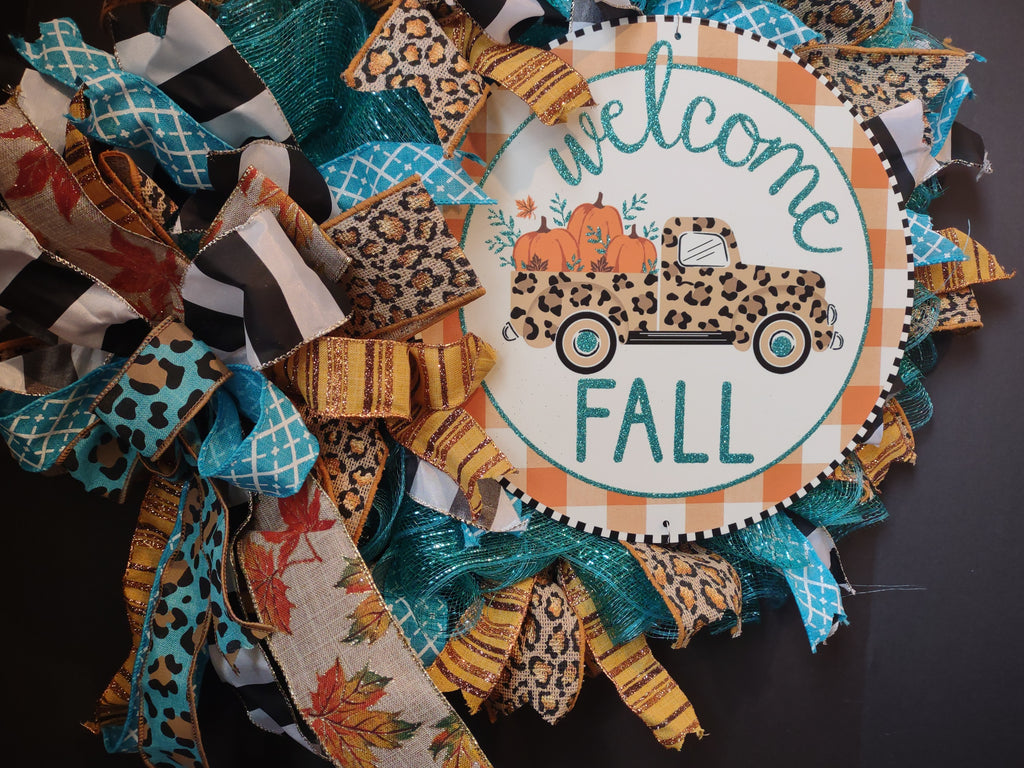 Autumn Fall Front Door Wreath Mesh Ribbon Decor Welcome Truck (lot 1367)