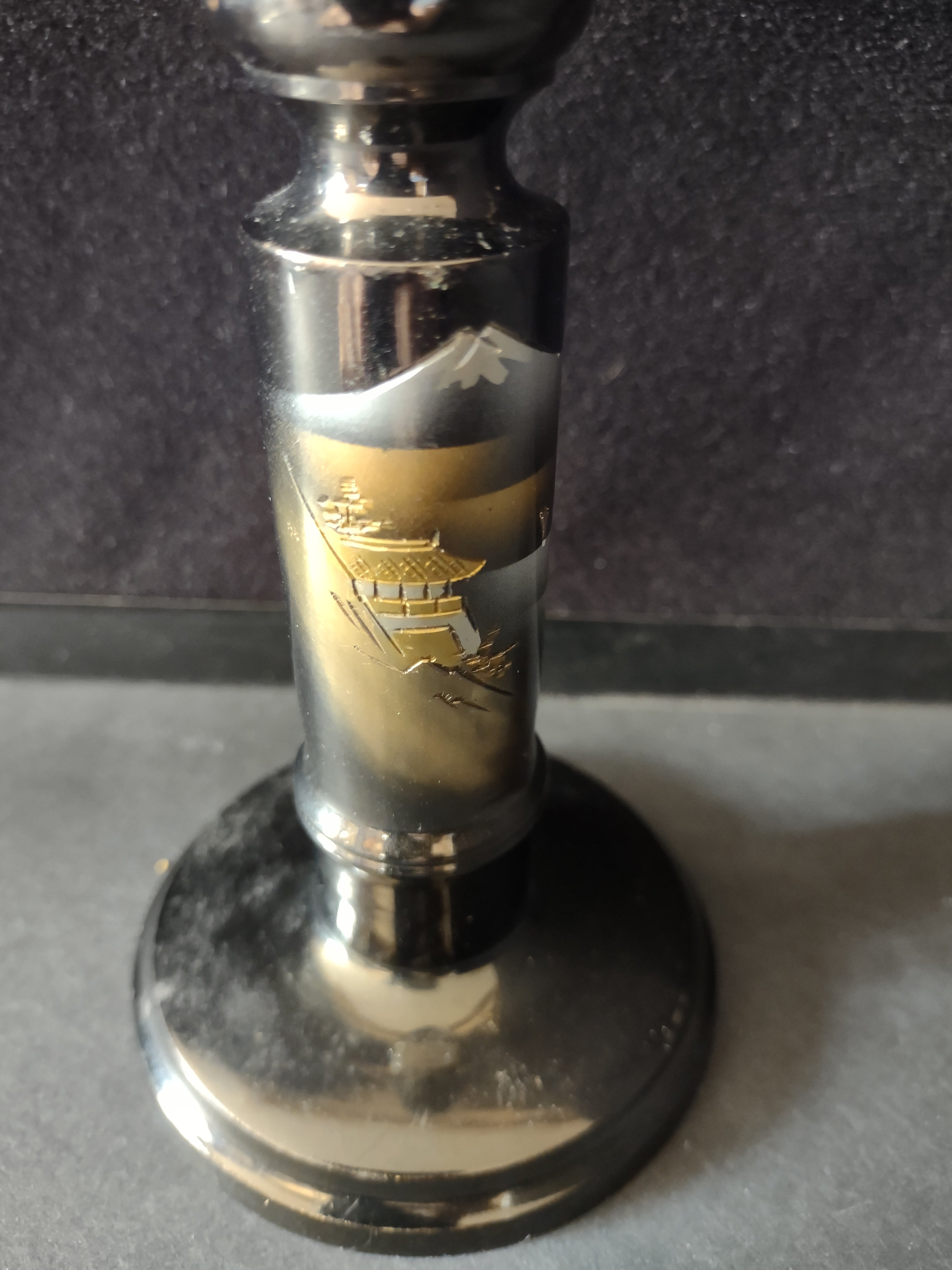 Vintage Japanese Etched Lacquered Metal Candlestick Gold Silver Pagoda (Lot 5317