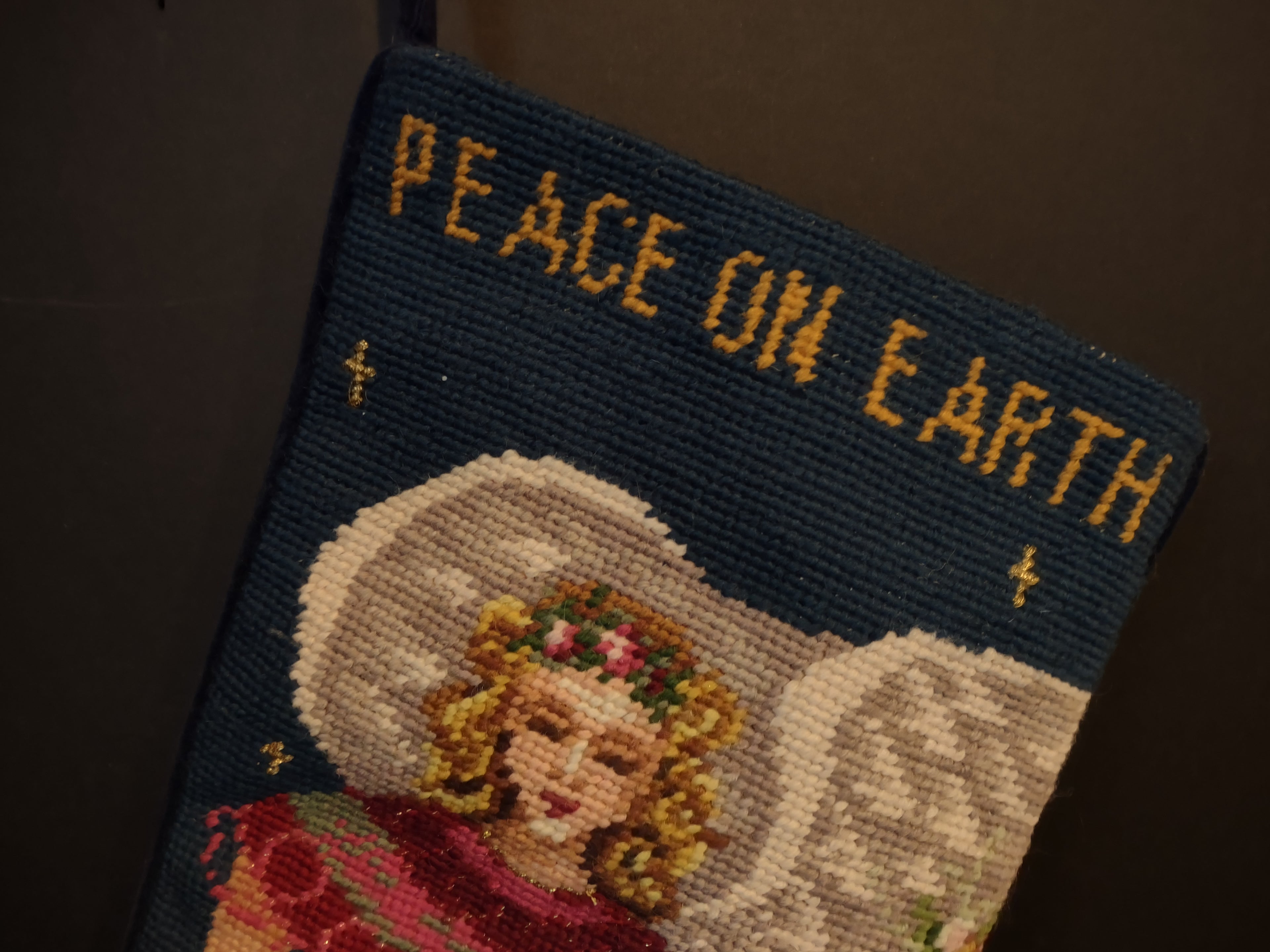 Vintage Wool Needlepoint Peace on Earth Angel Christmas Stocking 16" (lot 3372)