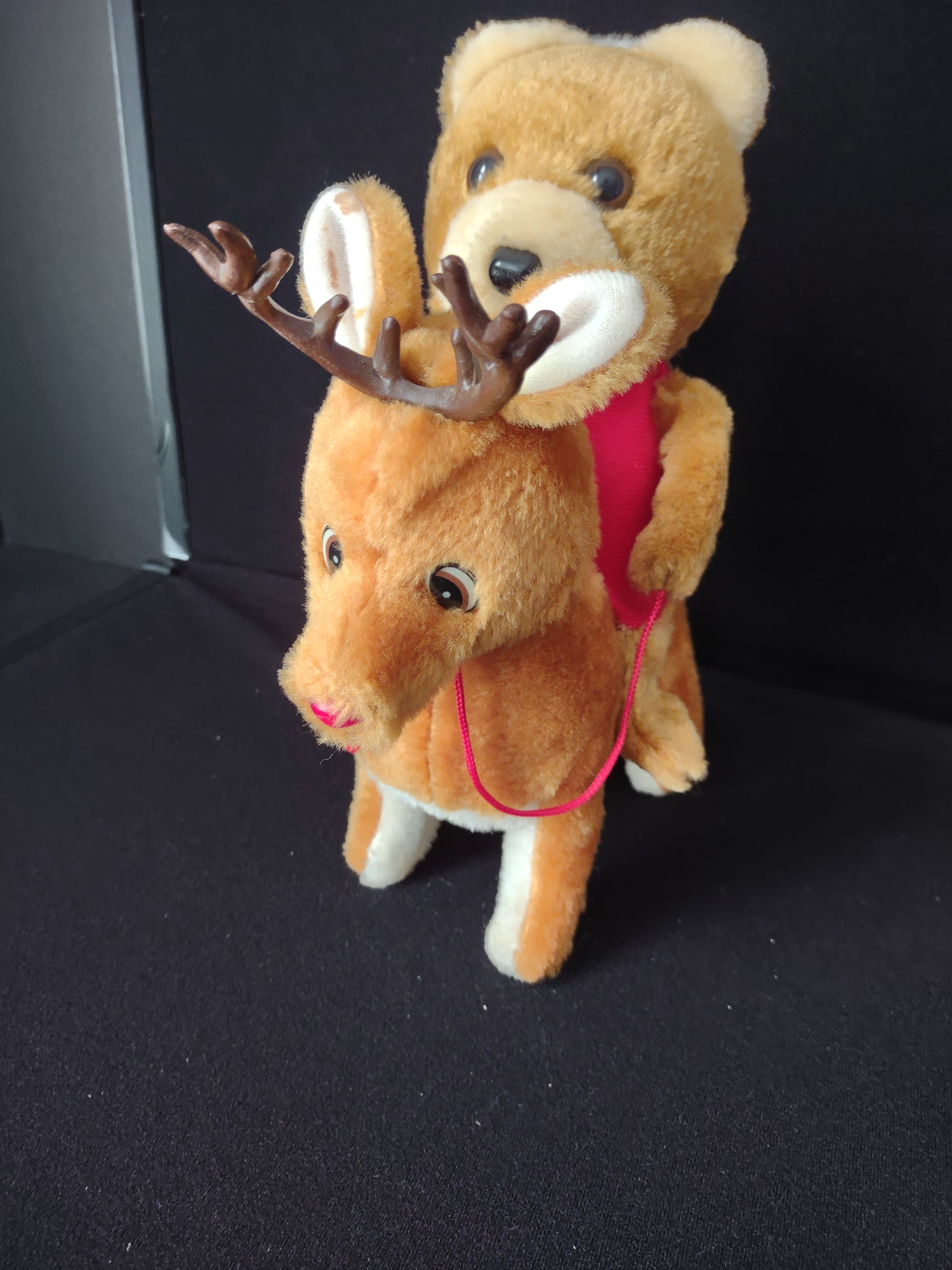Vintage Christmas Plush Musical Teddy Bear Riding Reindeer Nose Lights Up (lot 2349)