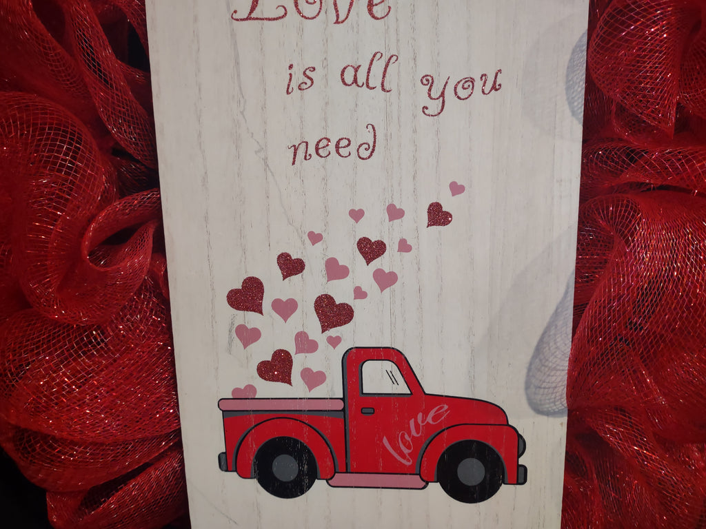 Valentines Day Red Truck Mesh Ribbon Wreath 22" (lot 1386)
