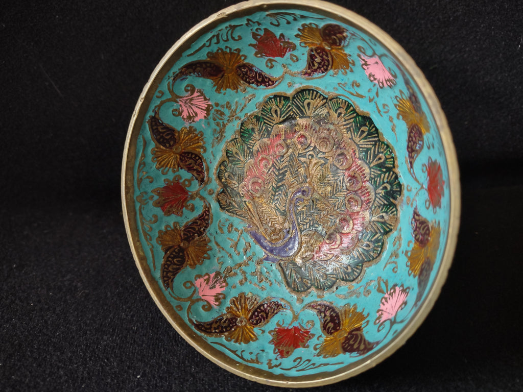 Vintage Metal Enameled Small Footed Bowl Peacock IMPERFECT (lot 5281)