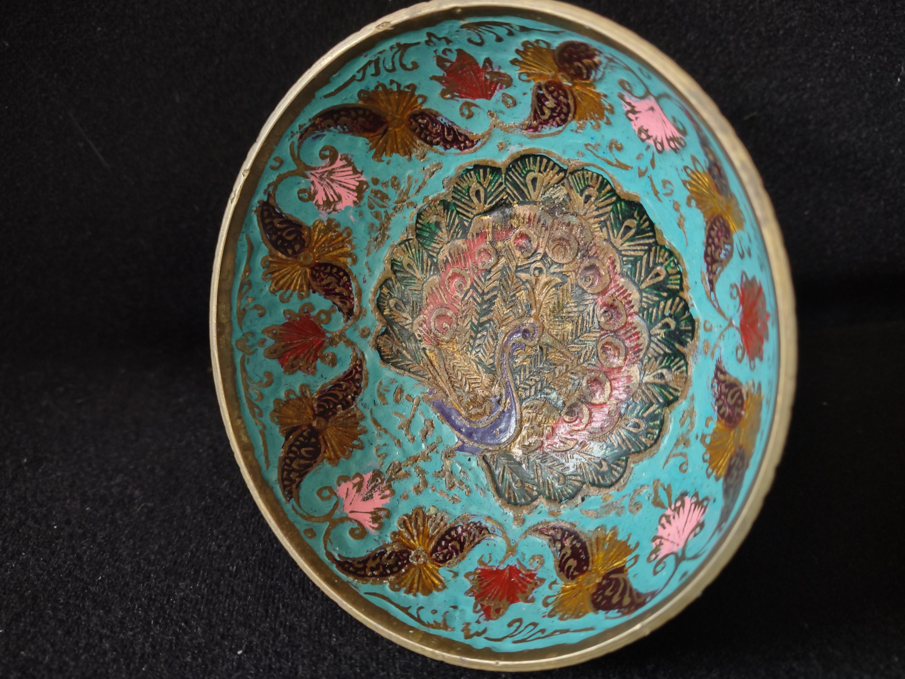 Vintage Metal Enameled Small Footed Bowl Peacock IMPERFECT (lot 5281)