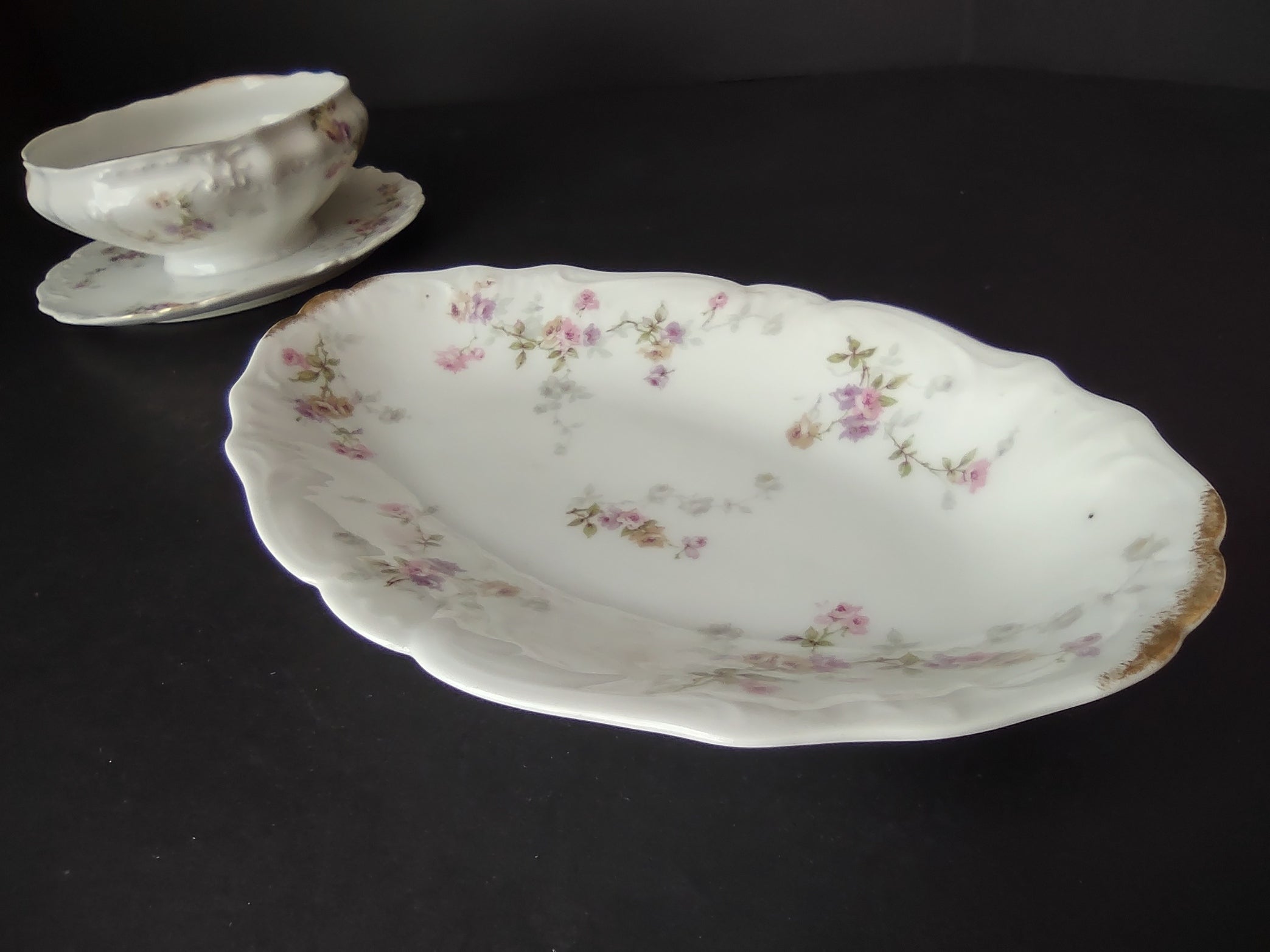 Haviland Limoges Set 2 Serving Bowl PlatterPink Purple Yellow Rose (lot 840)